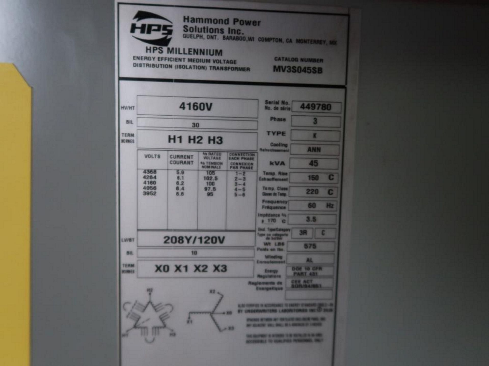 Hammond Power Solutions MV3S045SB Transformer, S/N 449780, 4160 Hi Volt, 208/120 Low Volt (new) - Image 2 of 2