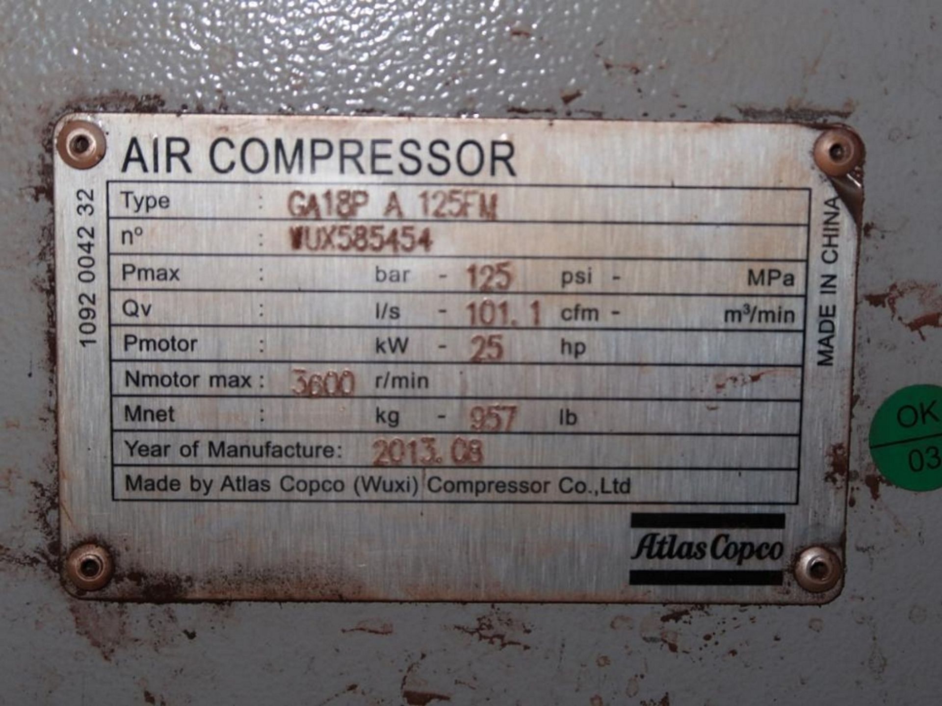 Atlas Copco GA15 Package Air Compressor, S/N WUX585454 (2013), 125 PSI, 20 HP - Bild 2 aus 2