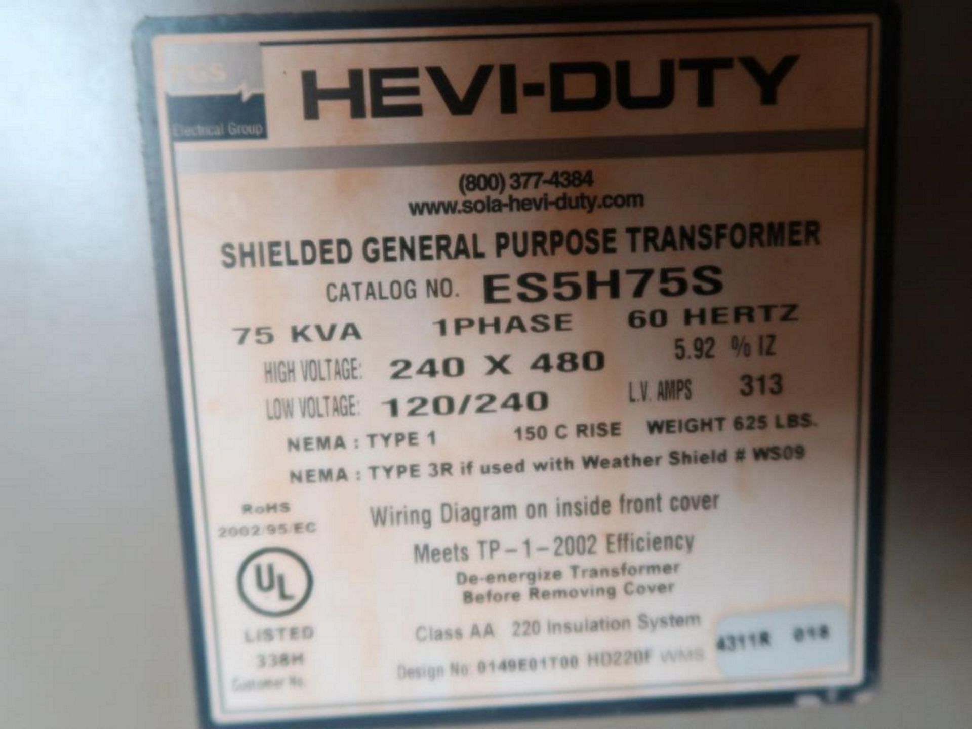 LOT: (2) Transformers, FGS Shielded General Purpose, 75 KVA, 240 x 480 Hi Volt, 120/240 Low Volt, in - Image 4 of 4