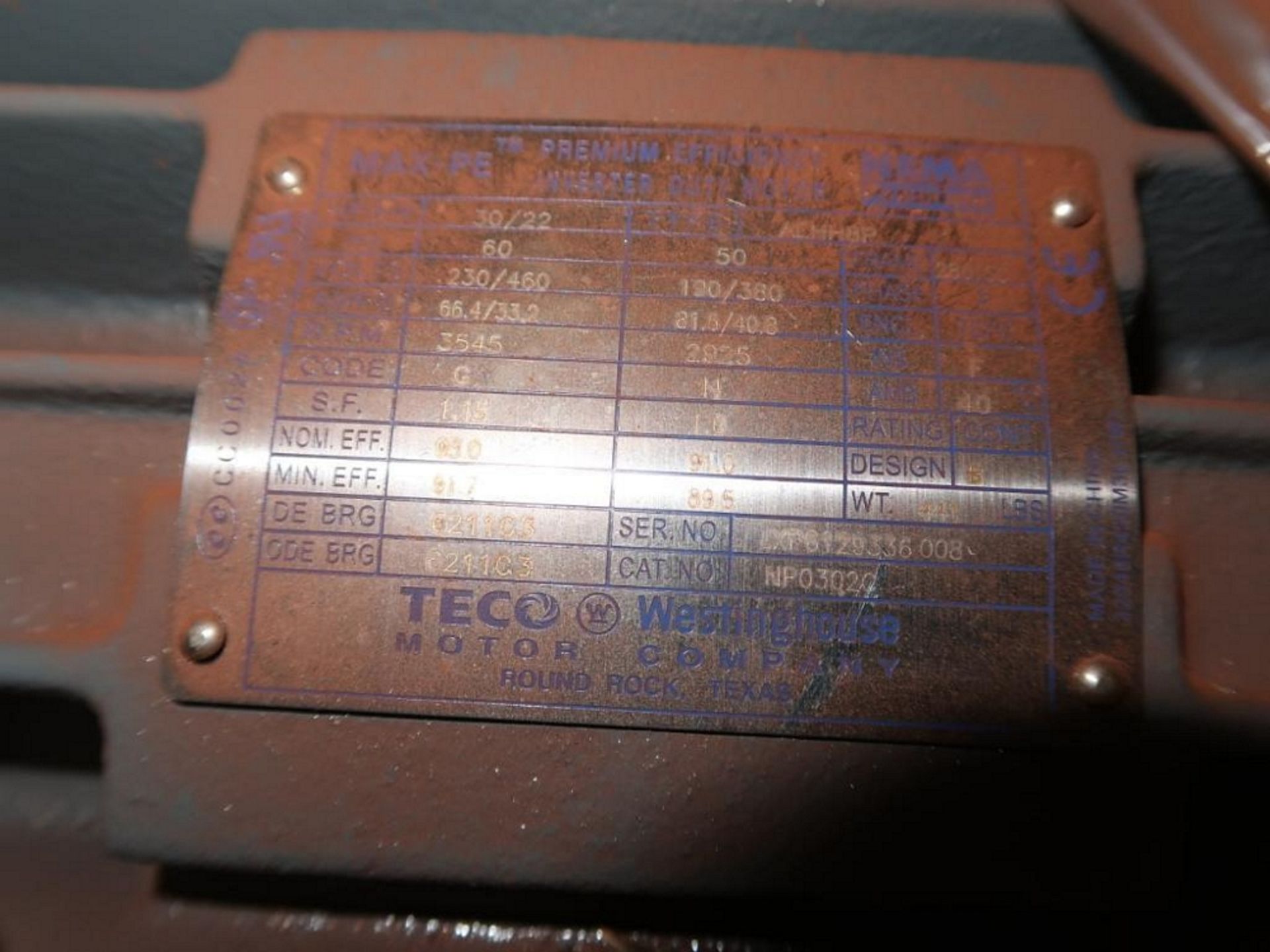 LOT: (1) Nema 30 HP Motor, 1765 RPM, Frame 286T, (1) Teco Westinghouse 30 HP Motor, 3600 RPM, Frame - Image 3 of 7