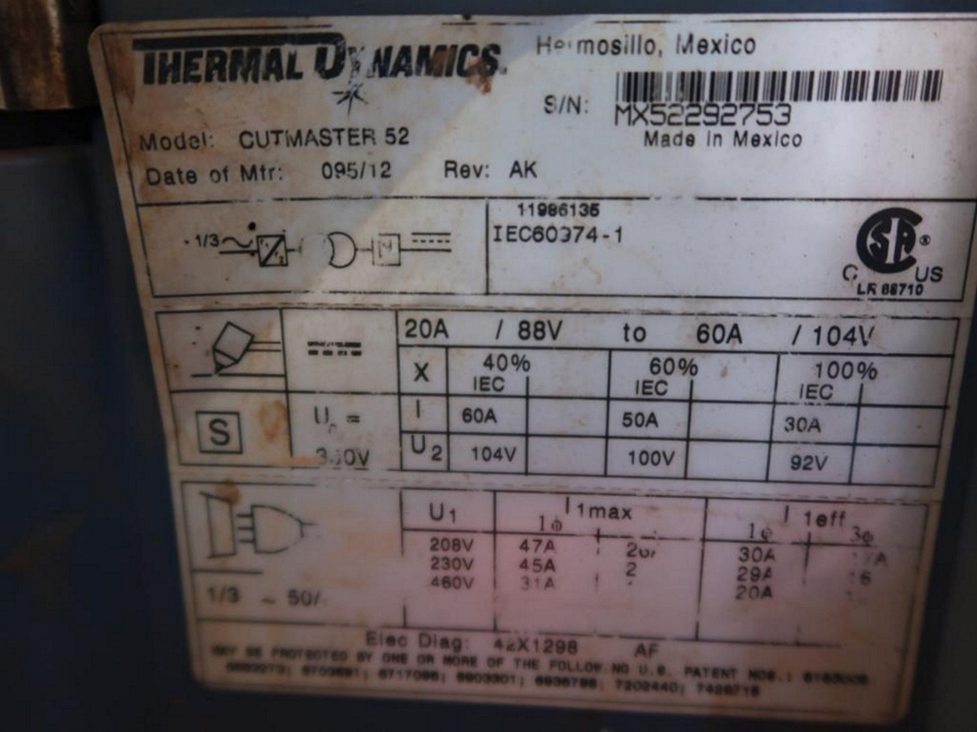 Thermal Dynamics Cutmaster 52 Plasma Cutter, S/N MX52292753, with Cart - Image 2 of 2