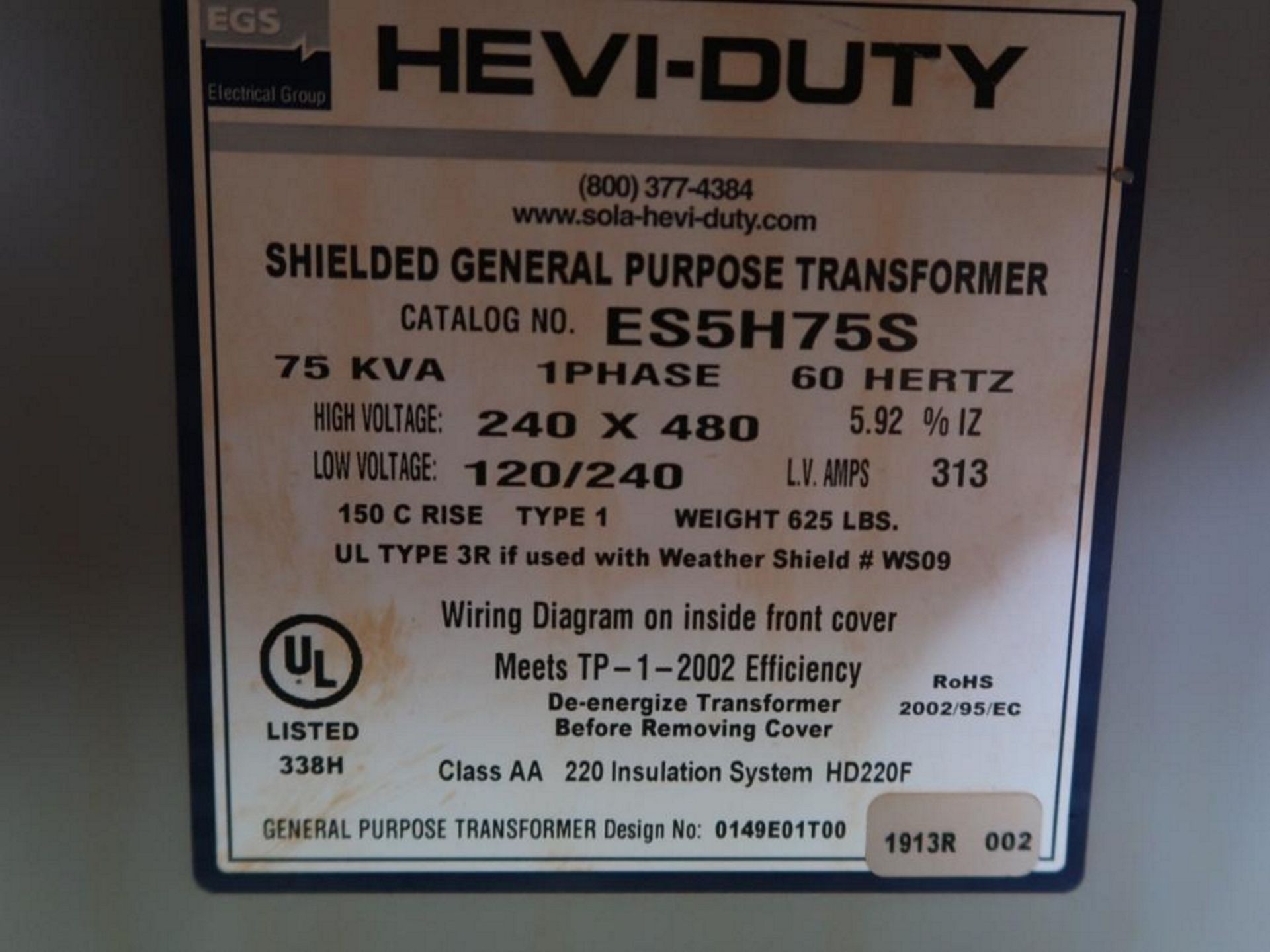 LOT: (2) Transformers, FGS Shielded General Purpose, 75 KVA, 240 x 480 Hi Volt, 120/240 Low Volt, in - Image 2 of 4