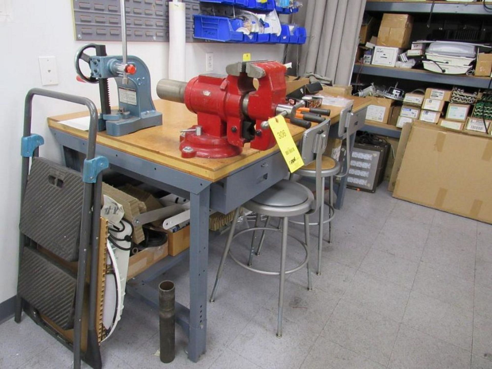 LOT: 36 in. x 72 in. Work Bench with 6 in. Heavy Duty Multi-Vise, Palmgren No. 1 Arbor Press (Locati