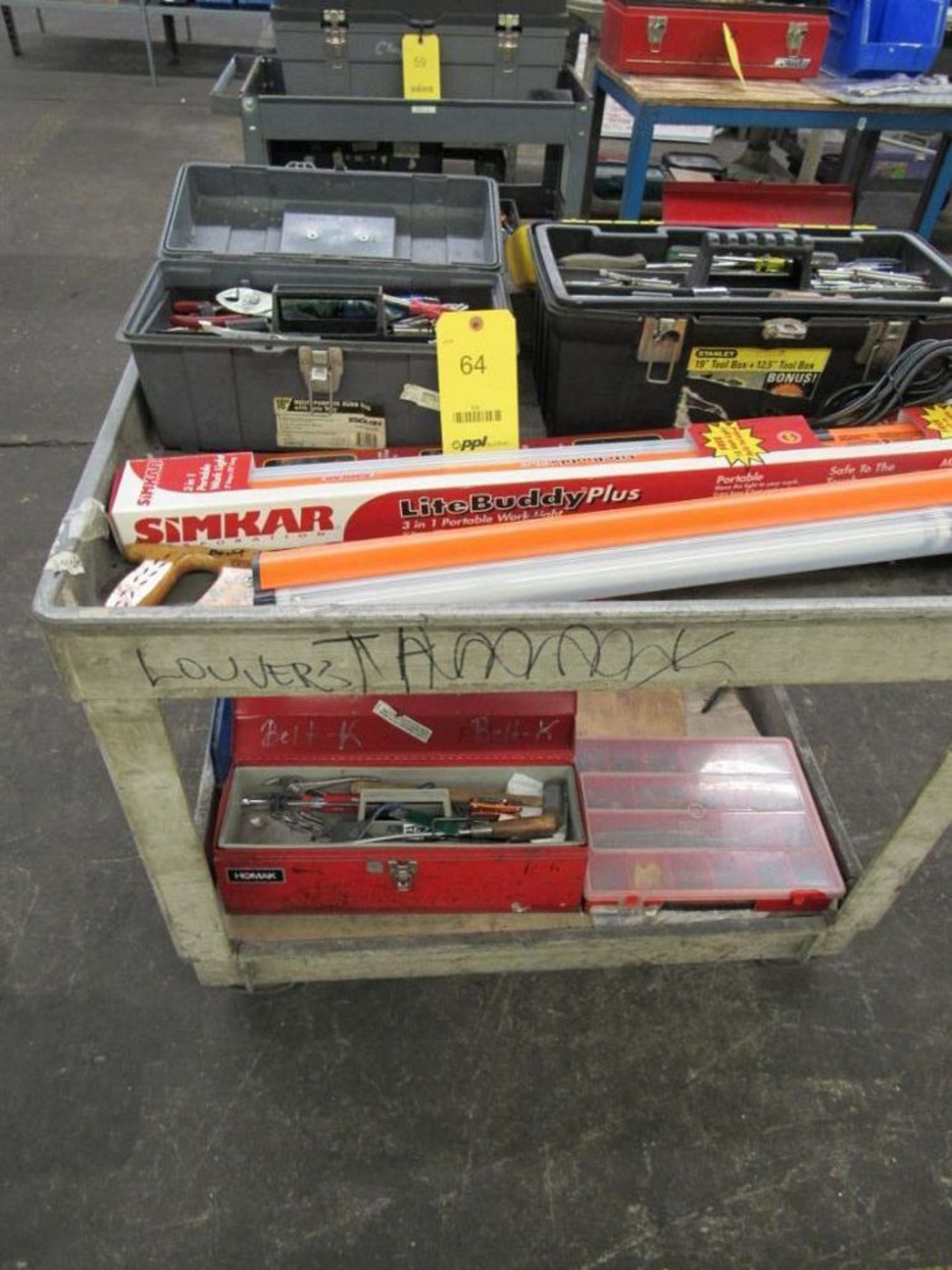 LOT: (1) 4-Wheel Cart with (3) Assorted Tool Boxes with Contents, (2) Lights (Location B)