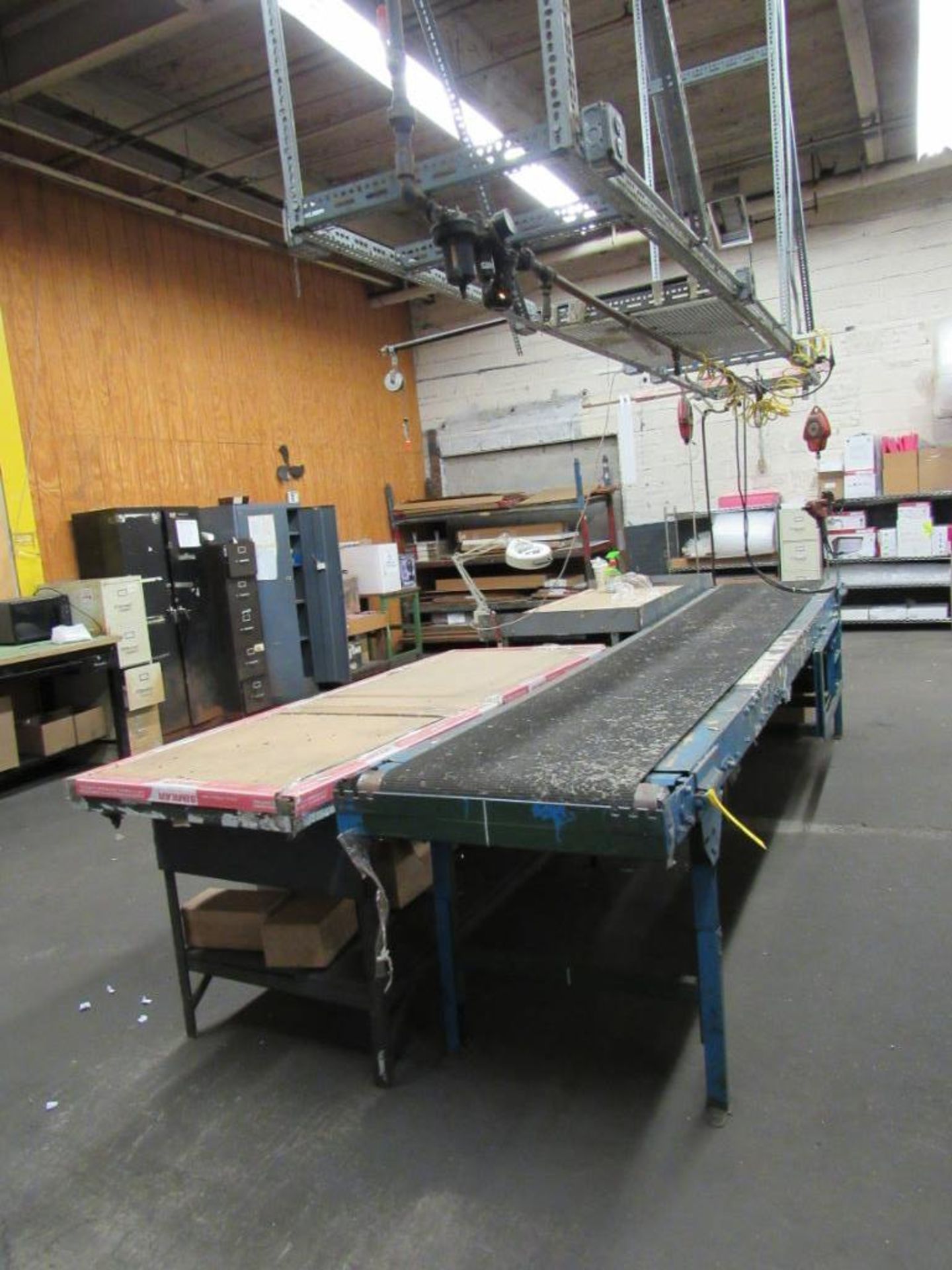 LOT: Returns Line including: (1) 24 in. x 14 ft. Belt Conveyor (1) 34 in. x 72 in. Work Bench with M