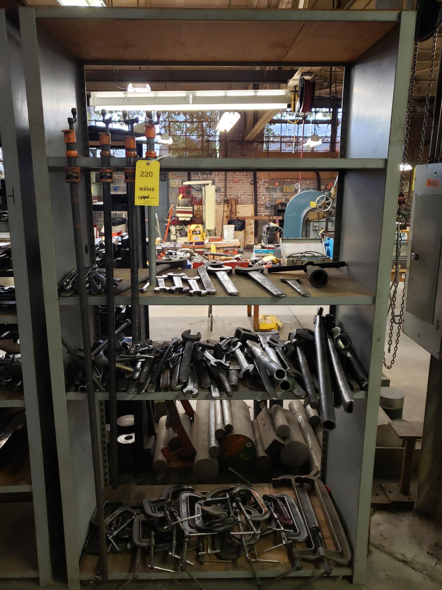LOT: 7 ft. x 4 ft. Shelf Unit with Large Quantity of Clamps & Wrenches