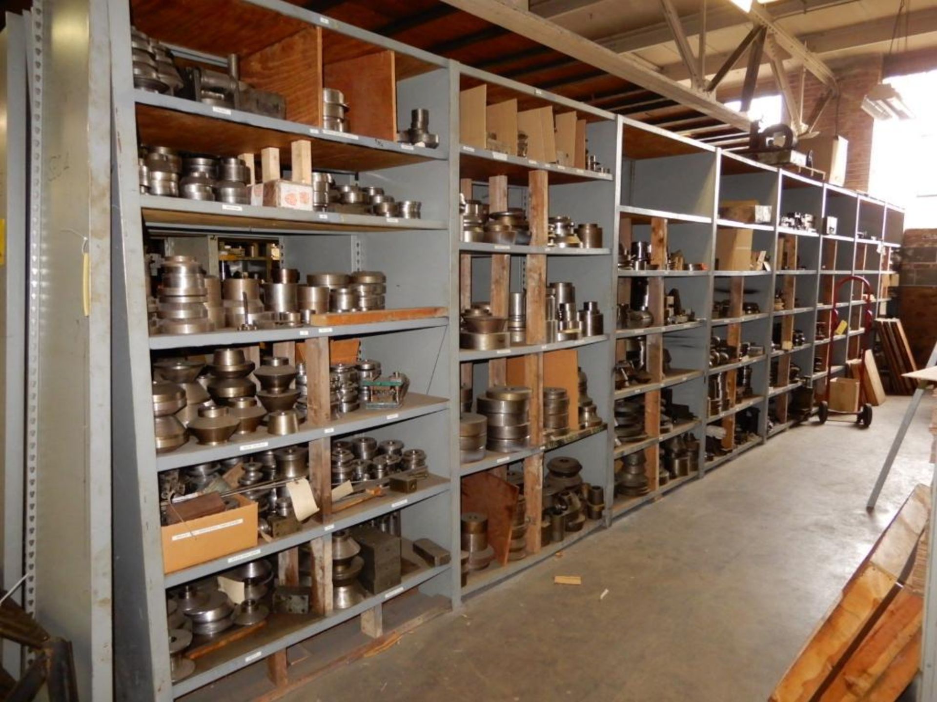 LOT: Row of Shelves with Contents of Dies, Rollers, etc.