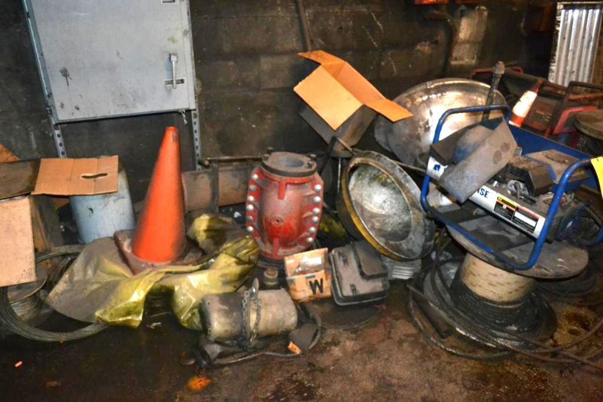 LOT: Assorted Spools of Wire Rope, Assorted Cabinets & Lockers, Repairable Trash Pumps, etc.