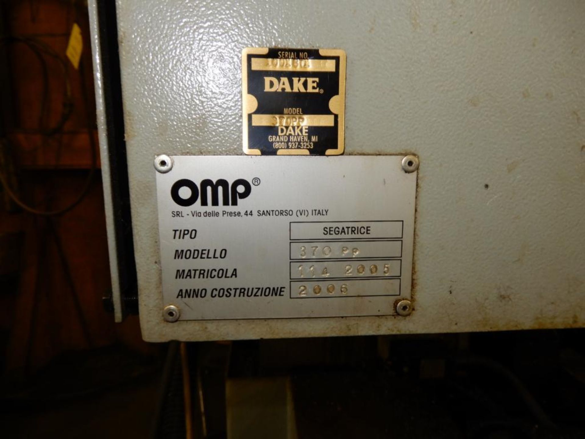 OMP/Dake Cold Saw Model 370 PP, S/N 114 2005 (2006) (by dock) - Image 4 of 4