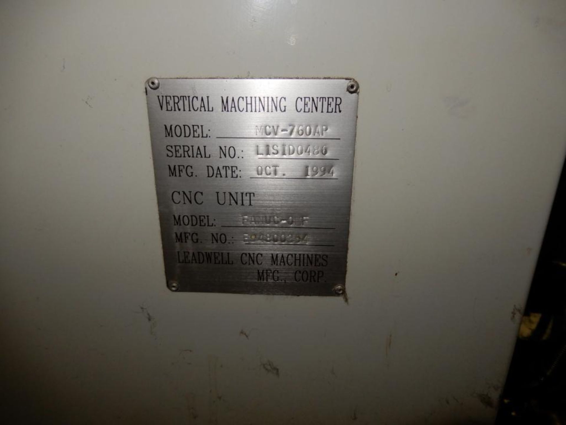 Leadwell CNC Vertical Machining Center Model MCV-760AP, S/N L1SID0486 (1994), 39 in. x 19 in. Table, - Image 4 of 4