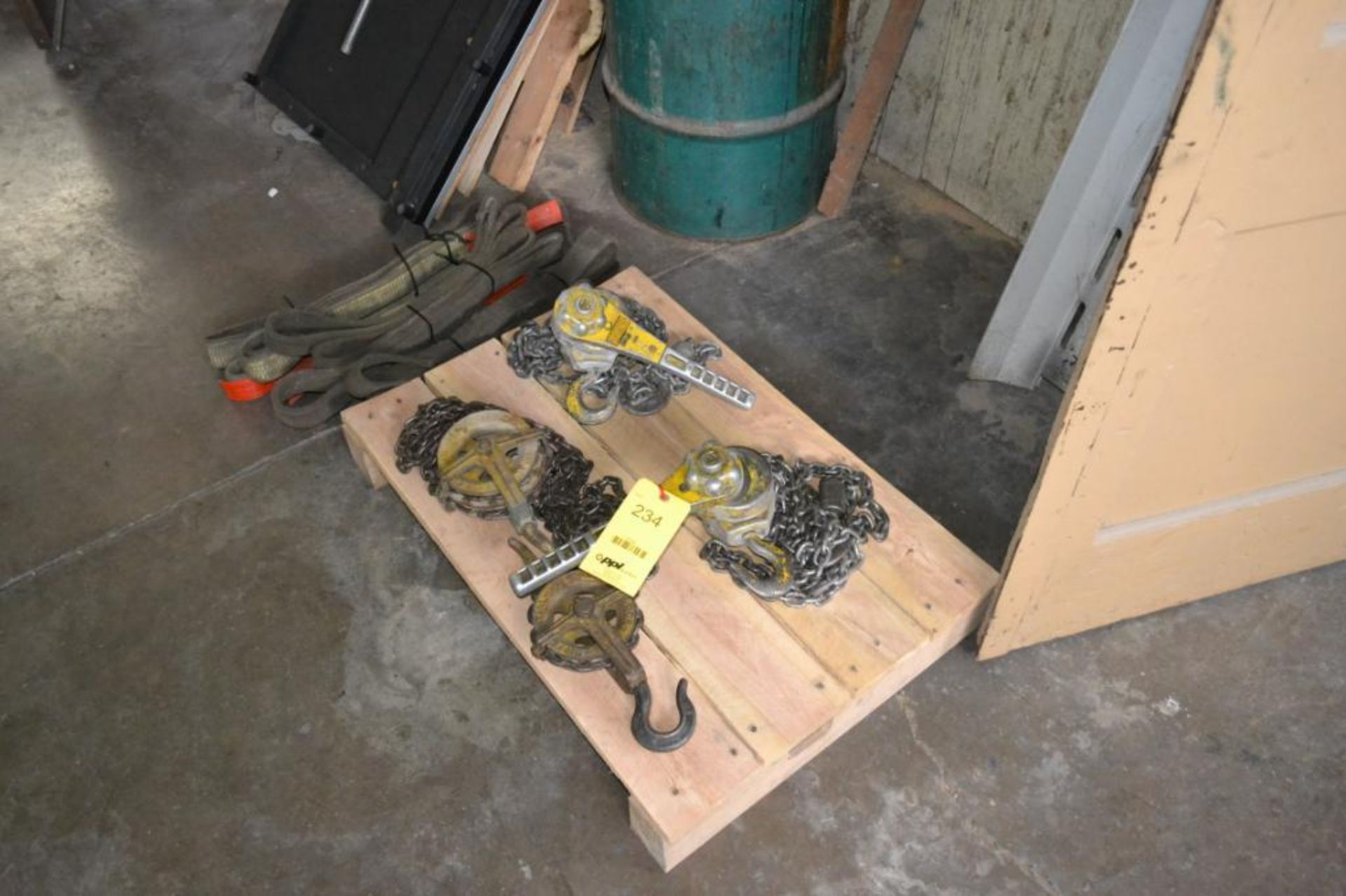 LOT: (3) Chain Hoists with Lifting Straps on (1) Skid (maintenance room)