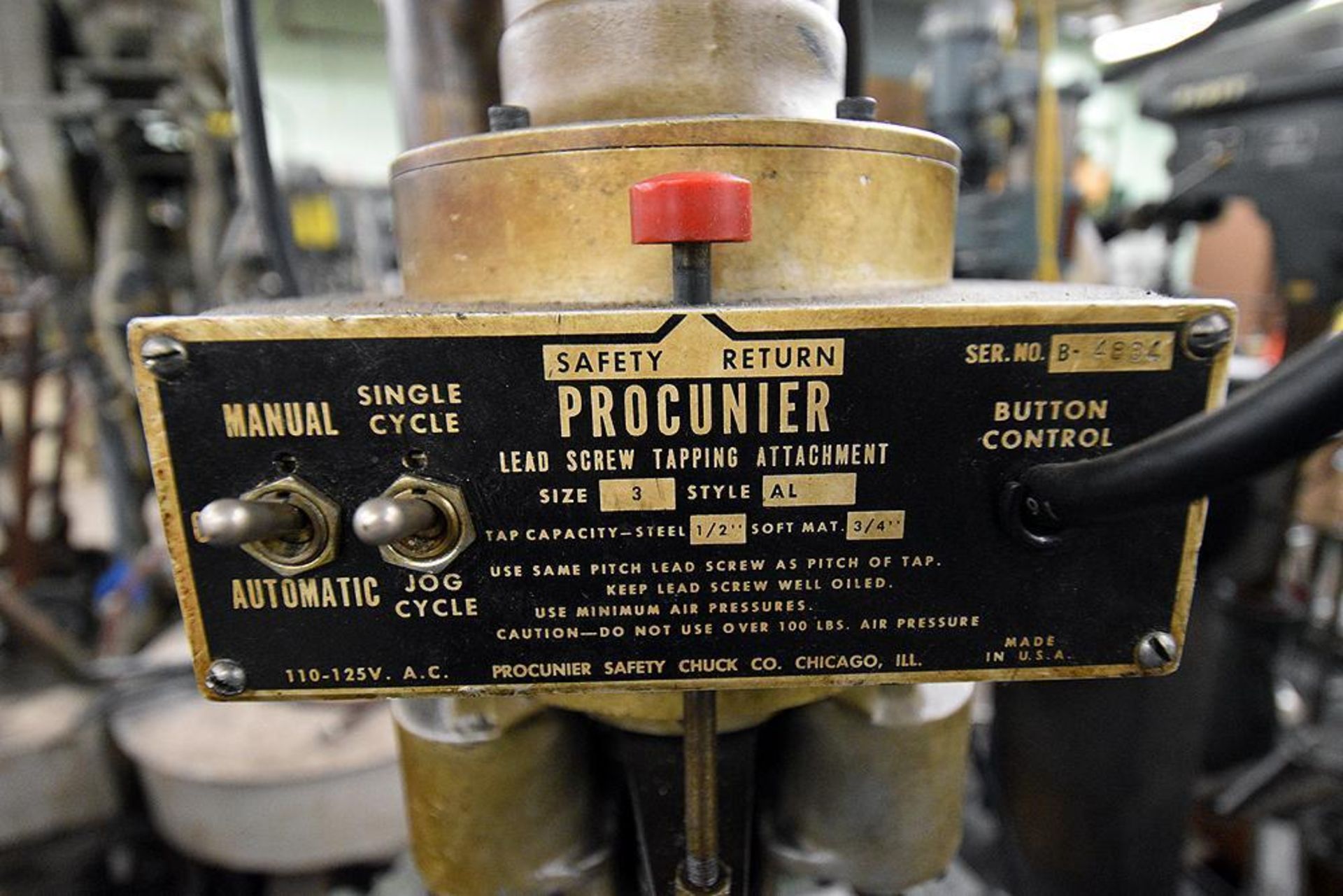 PowerMatic Pedestal Drill Press. Model 1200. s/n 1-1907-1. w/Procurier Lead Screw Tapping Attachment - Image 4 of 6