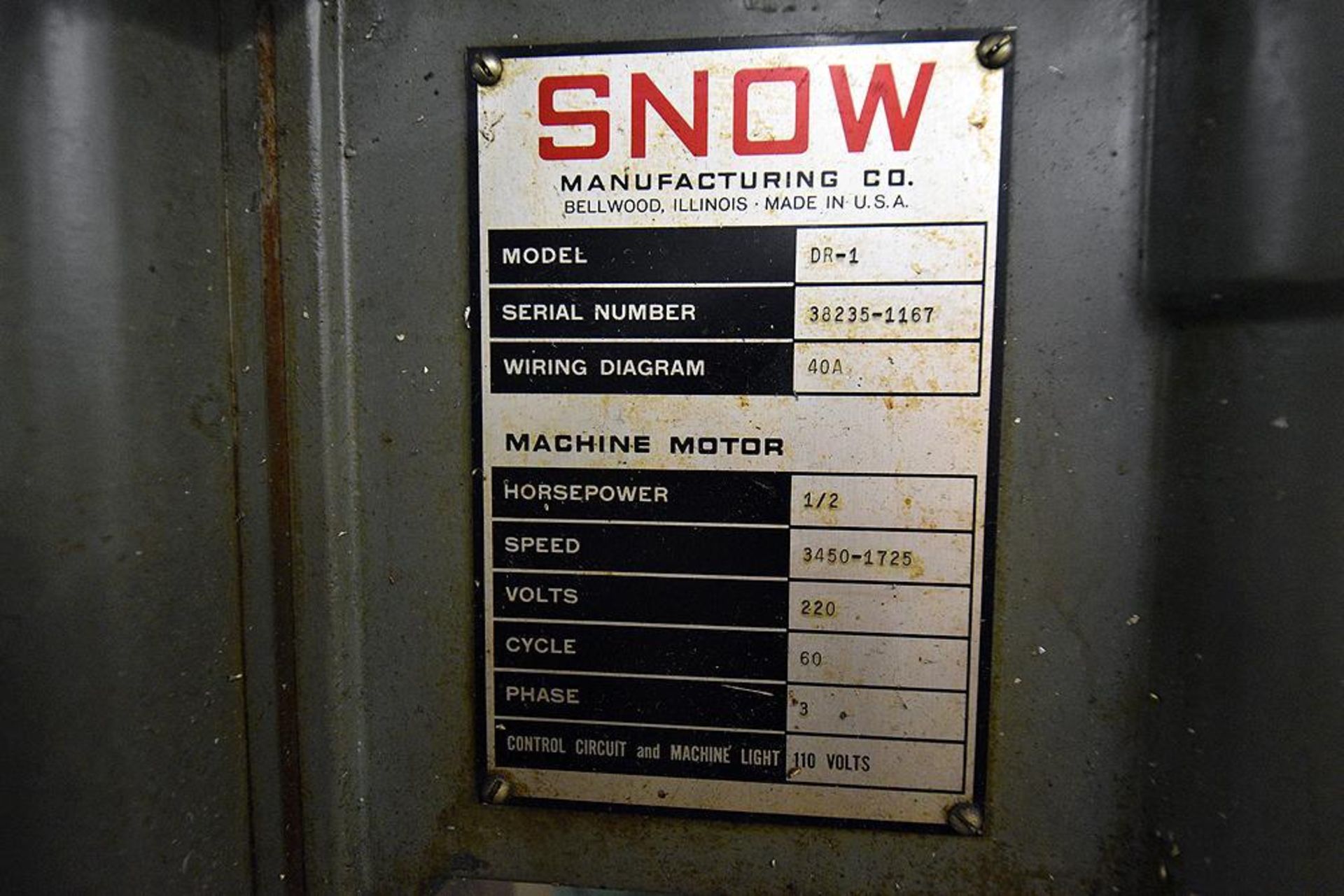 Snow Pedestal Drill Press. Model PR-1. s/n 38235-1167 - Image 3 of 4