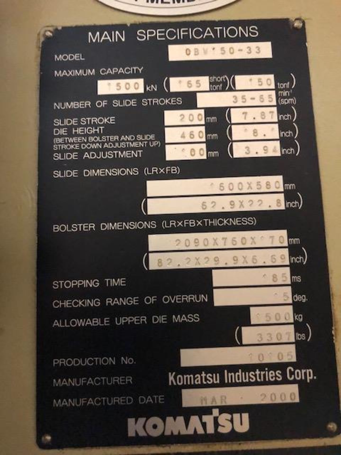 165 TON KOMATSU #OBW-150 DC GAP PRESS S/N 10105 7.87” STROKE, 18.1” DIE HEIGHT, 3.94” ADJ, 35 - 65 - Image 3 of 5