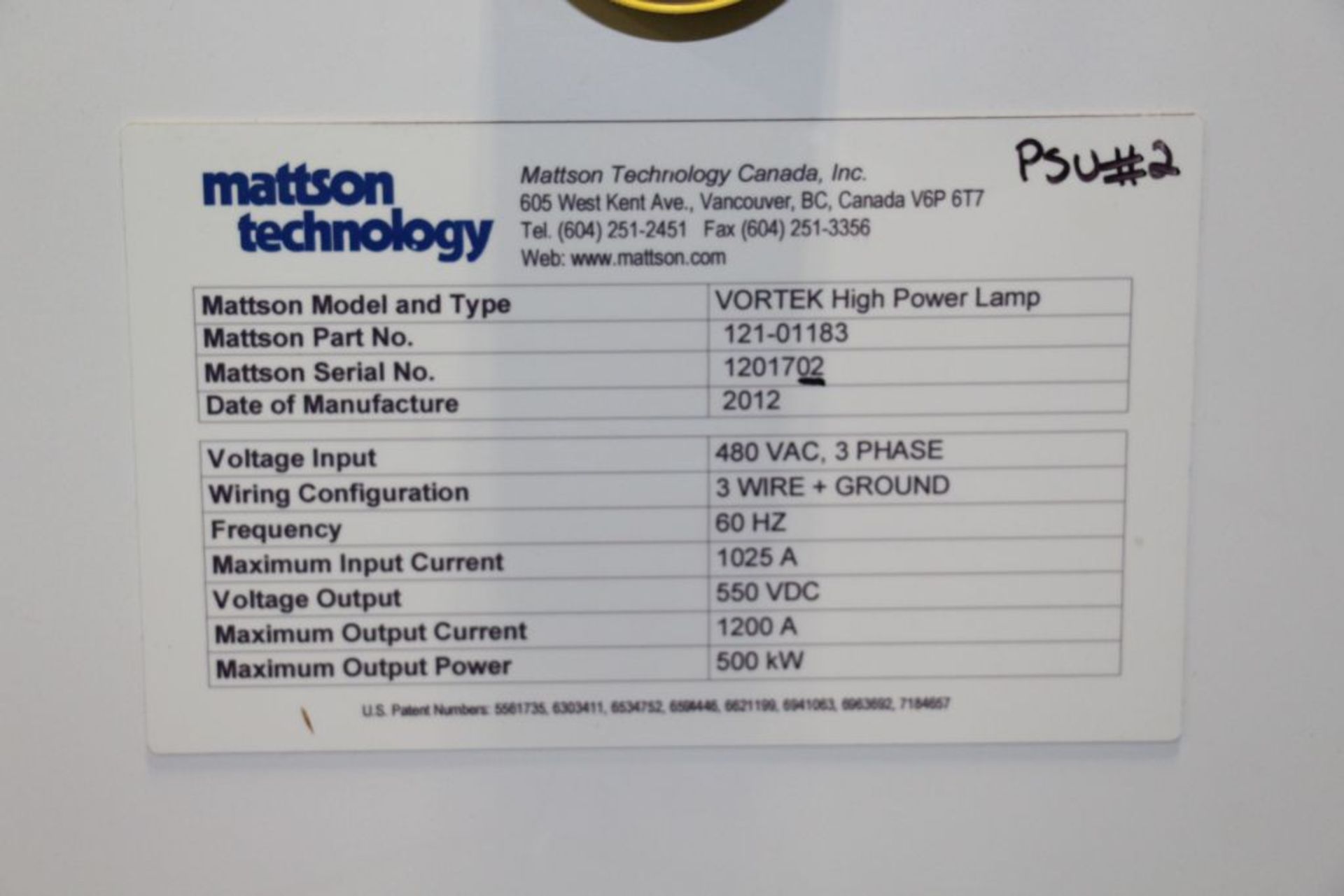 Mattson Technology Power Supply / High Power Lamp, 500 KW - Image 2 of 3