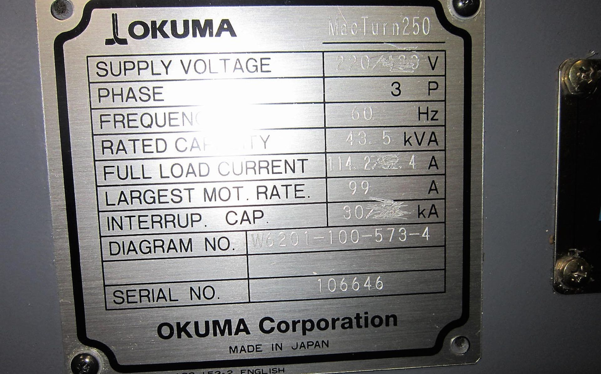 Okuma Macturn 250W 9-Axis CNC Turn Mill Center lathe, S/N 106646, new 2003 Specifications, Main - Image 13 of 14