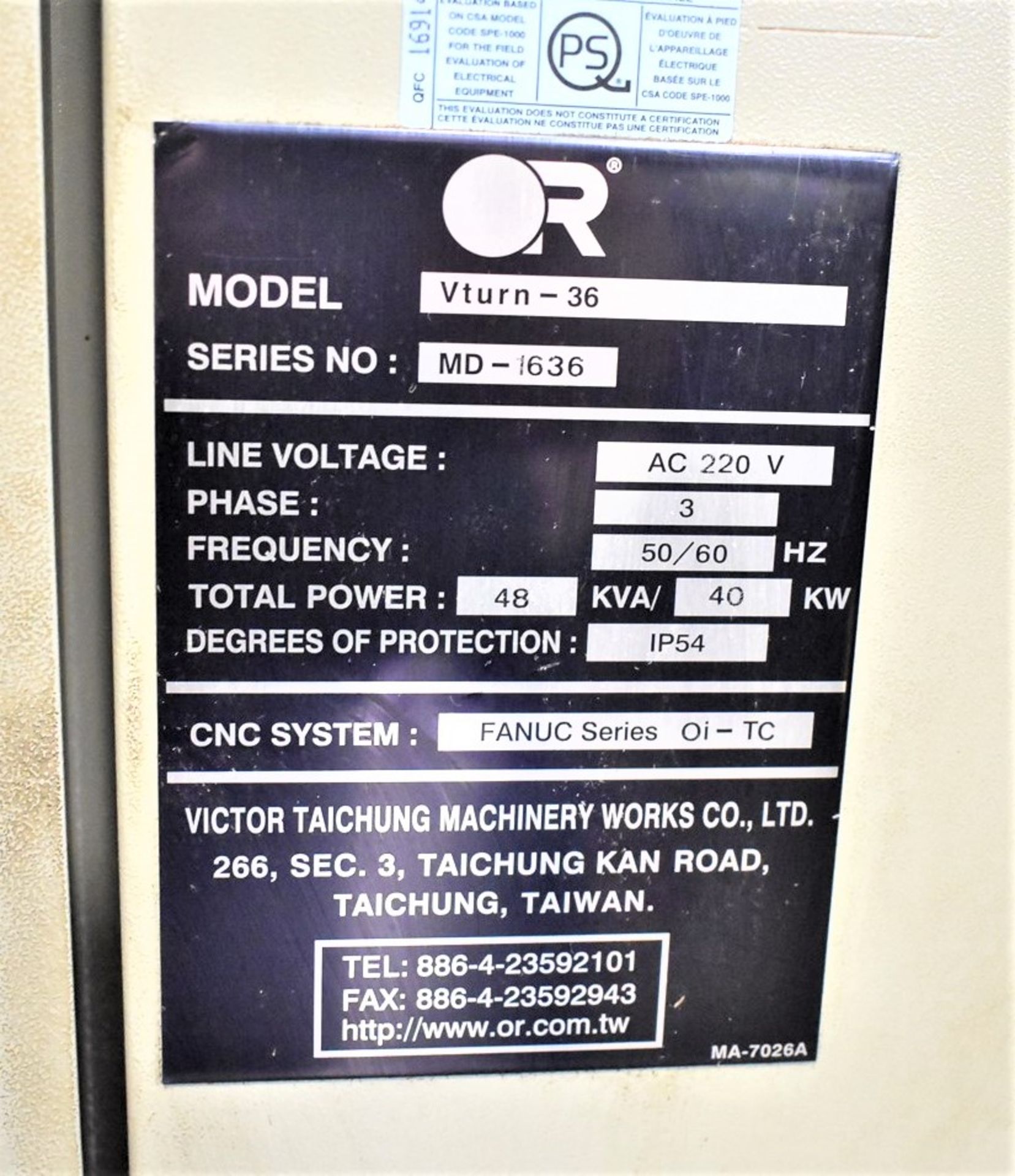 21.65"x35" Victor (Fortune) Model VTurn-36 2-Axis CNC Turning Center Lathe, S/N MD-1636, New 2007 - Image 9 of 10