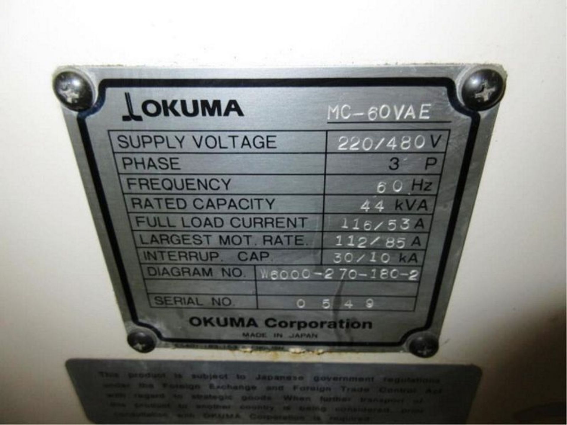Okuma Model MC-60-VAE CNC Vertical Machining Center, S/N 1002-0549, New 1999 - Image 10 of 12