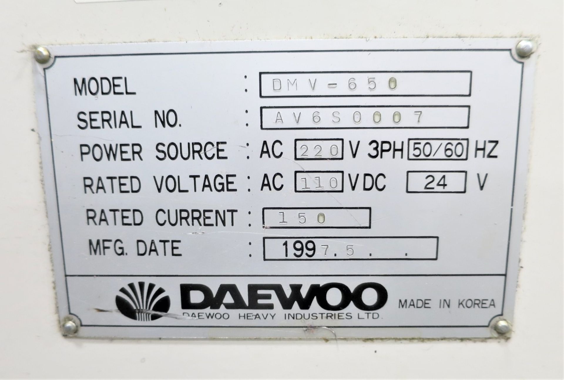Daewoo DMV-650 3-Axis 50 Taper CNC Vertical Machining Center, S/N AV6S0007, New 1997 - Image 10 of 12