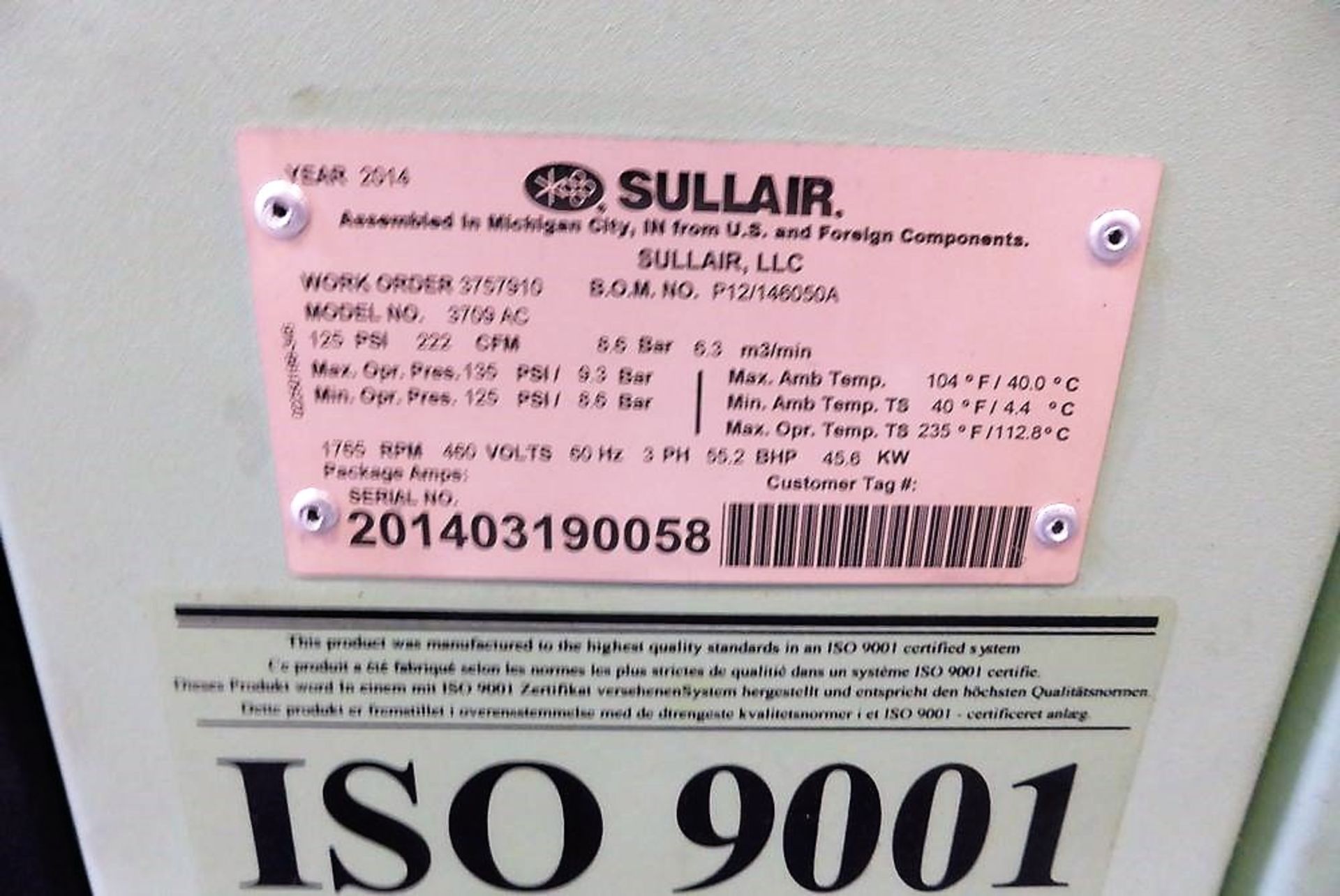 SULLAIR 3709/AC/S-energy 50-HP Rotary Screw Air Compressor (2014) - Image 3 of 3