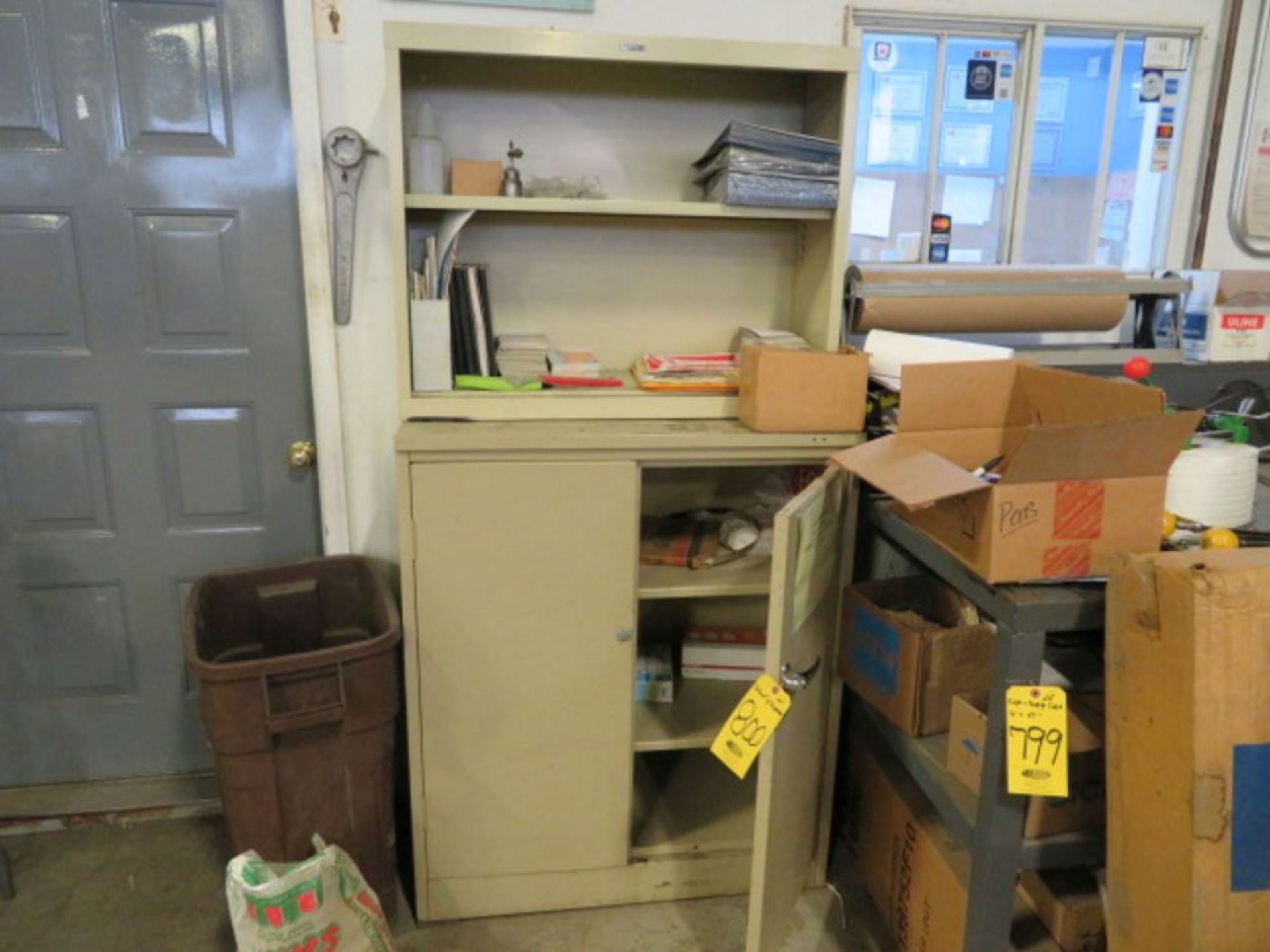 DOUBLE DOOR SUPPLY CAB, BOOKSHELVES & CONTENTS