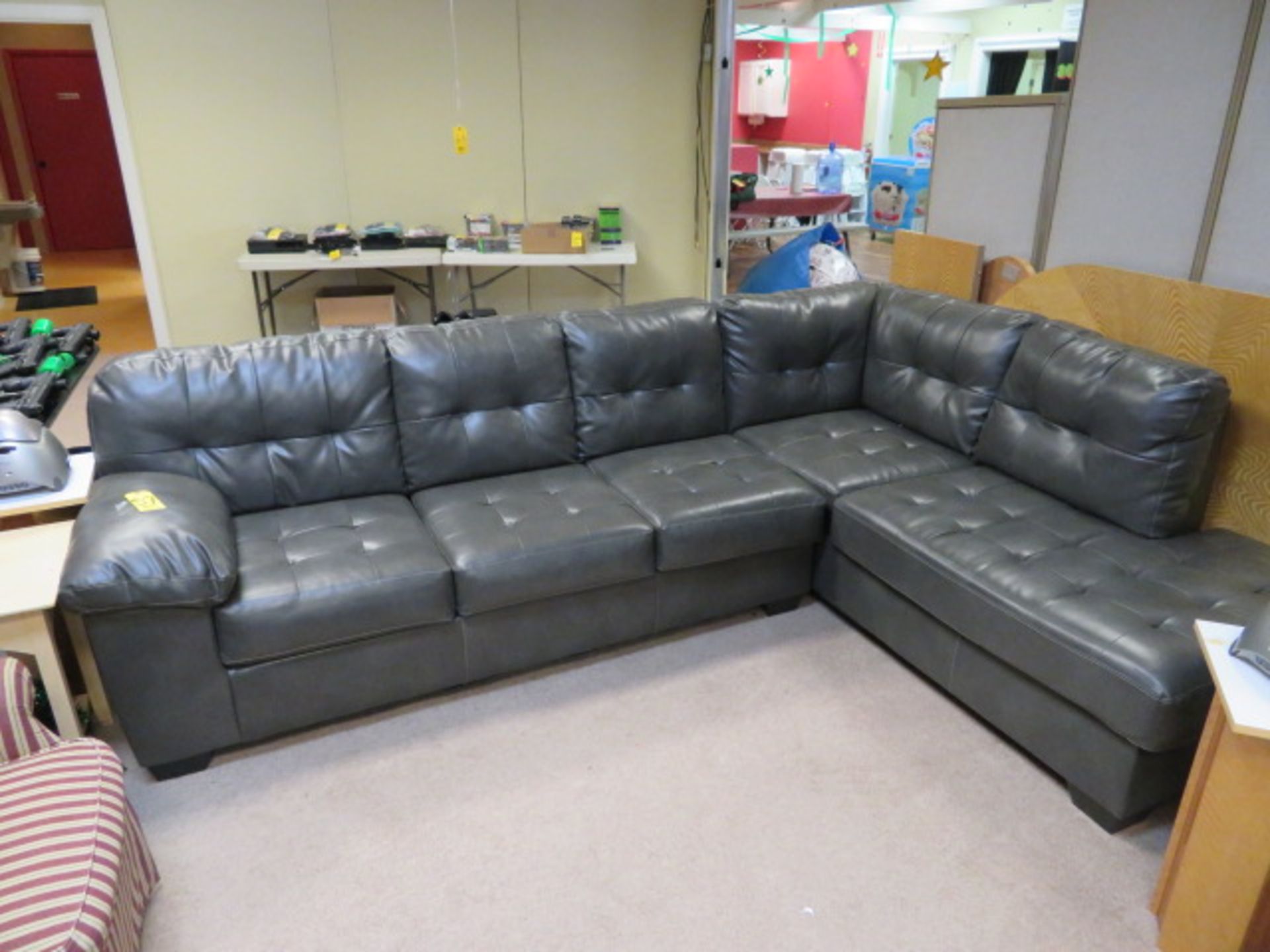 L-SHAPED NAUGAHYDE SOFA W/LOUNGE & (2) END TABLES