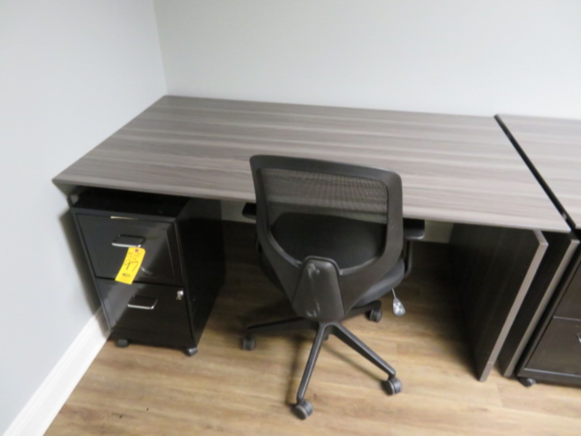36 IN X 63 IN GRAY LAMINATE DESK WITH MODESTY PANEL, TASK MANAGEMENT CHAIR AND 2-DR BOX FILE