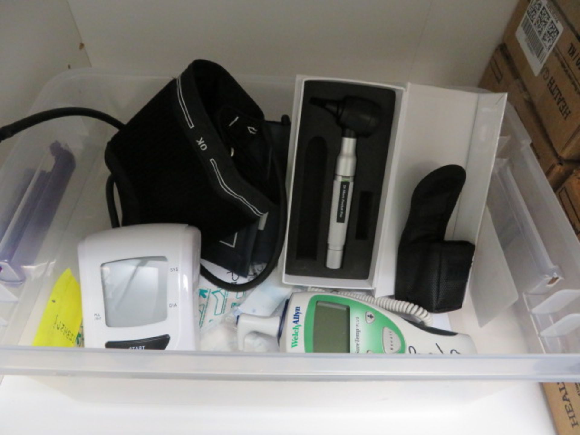 (2) WHITE MELAMINE CABINETS WITH WELCH ALLYN MDL. SURE TEMP PLUS DIGITAL THERMOMETER, ENT SCOPE, - Image 2 of 4