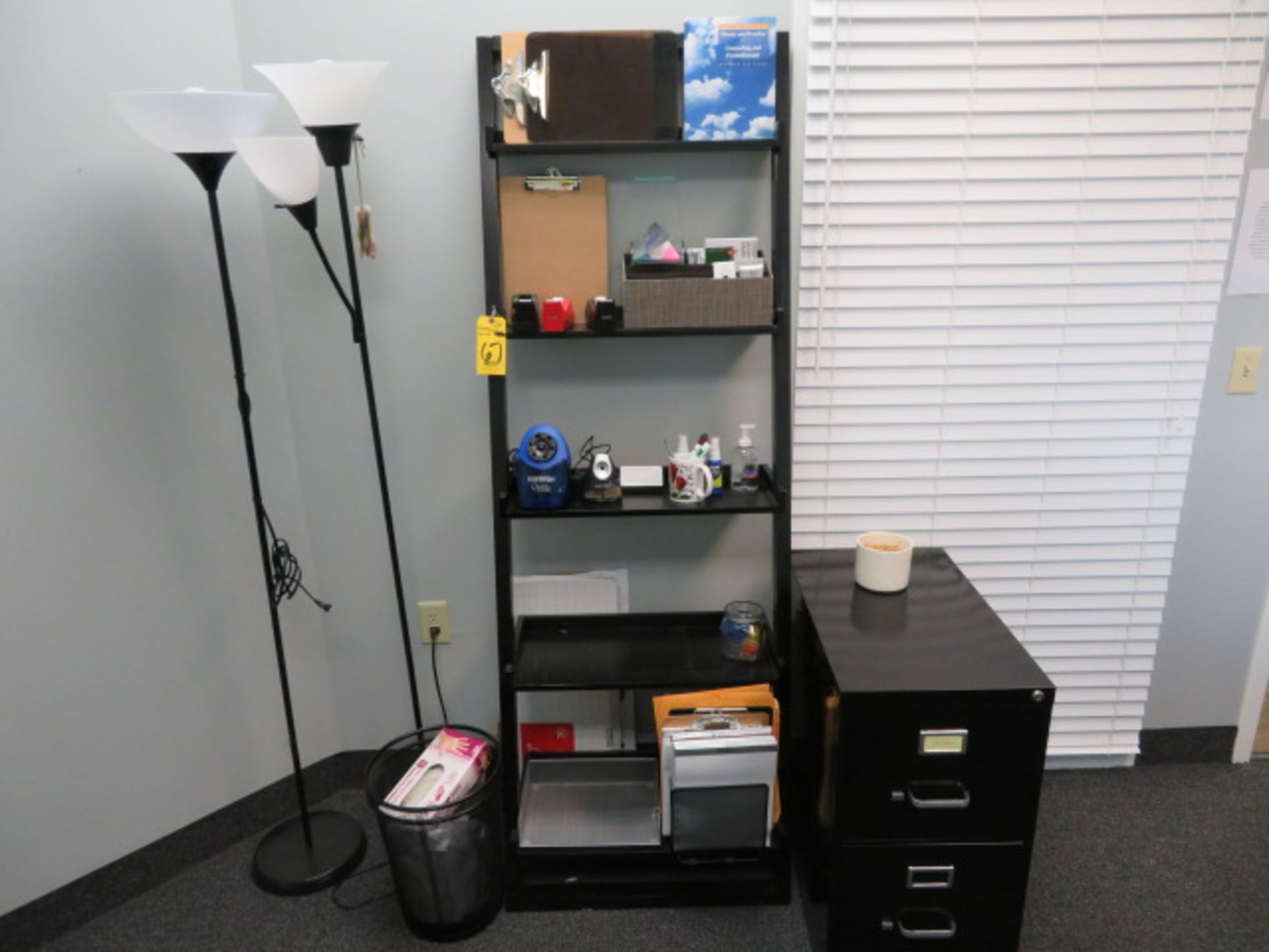 GRADUATED BOOKCASES WITH (2) TORCH LAMPS, 2-DR FILE AND ASSORTED OFFICE SUPPLIES (BALA CYNWYD, PA)