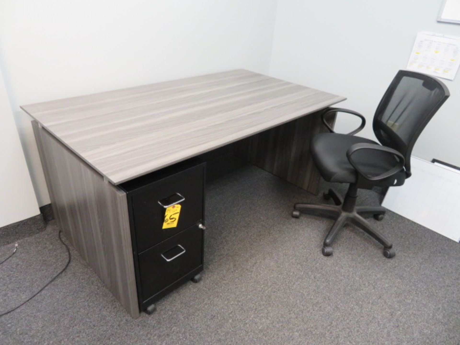 36 IN X 63 IN GRAY L AMINATE DESK WITH MODESTY PANEL, TASK MANAGEMENT CHAIR AND 2-DR BOX FILE (