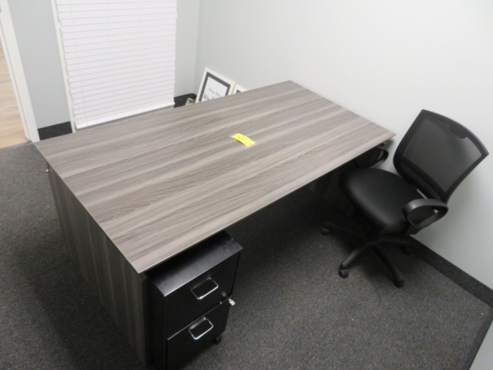 36 IN X 63 IN GRAY LAMINATE DESK WITH MODESTY PANEL, TASK MANAGEMENT CHAIR AND 2-DR BOX FILE (BALA