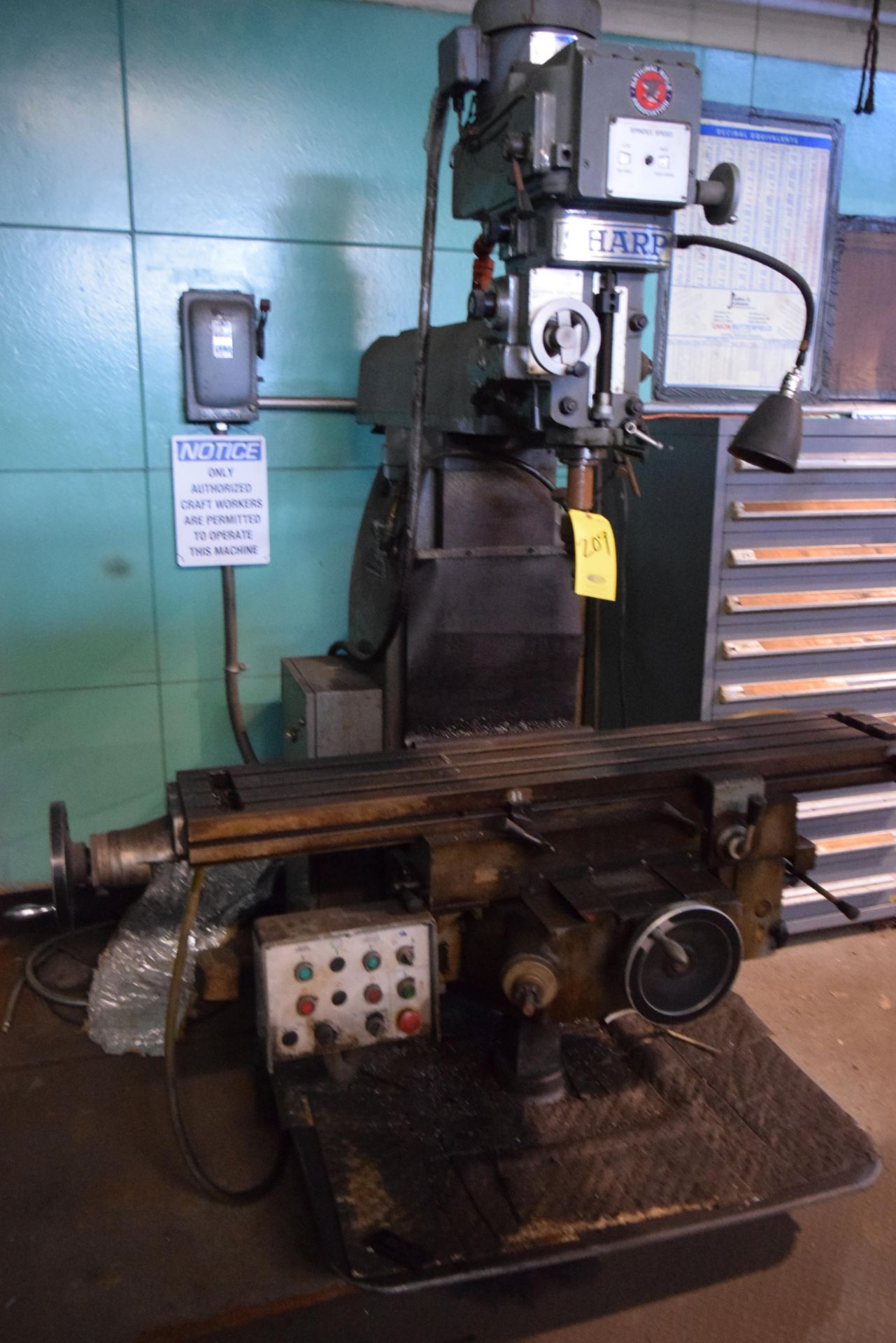 SHARP MODEL TMV 3 HP VARIABLE SPEED, VERTICAL MILLING MACHINE S/N 78070217, 9" X 54" T SLOTTED TABLE - Image 2 of 2
