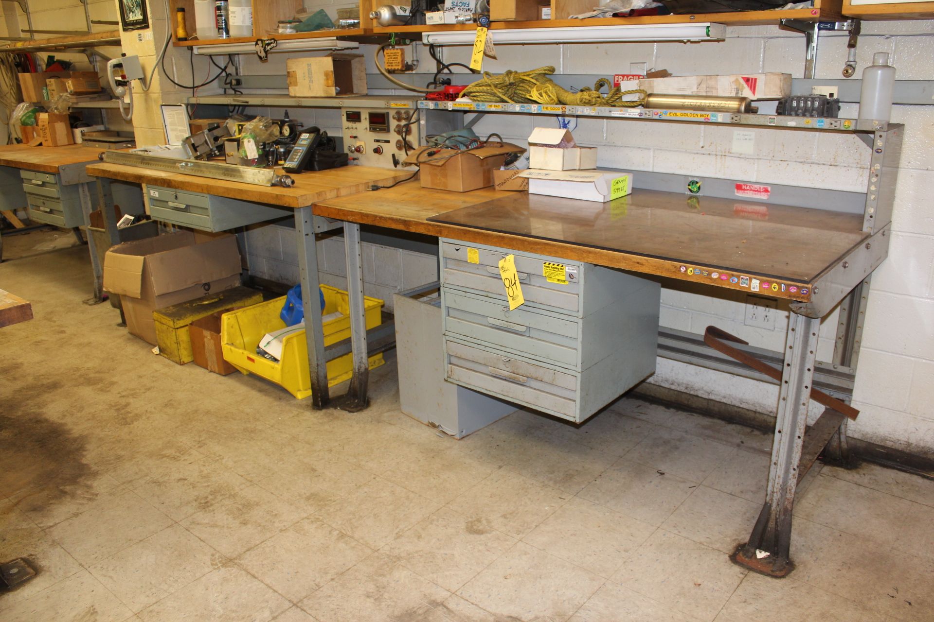 (2) BUTCHER BLOCK WORK BENCHES W/ OVERHEAD SHELVES-NO CONTENTS