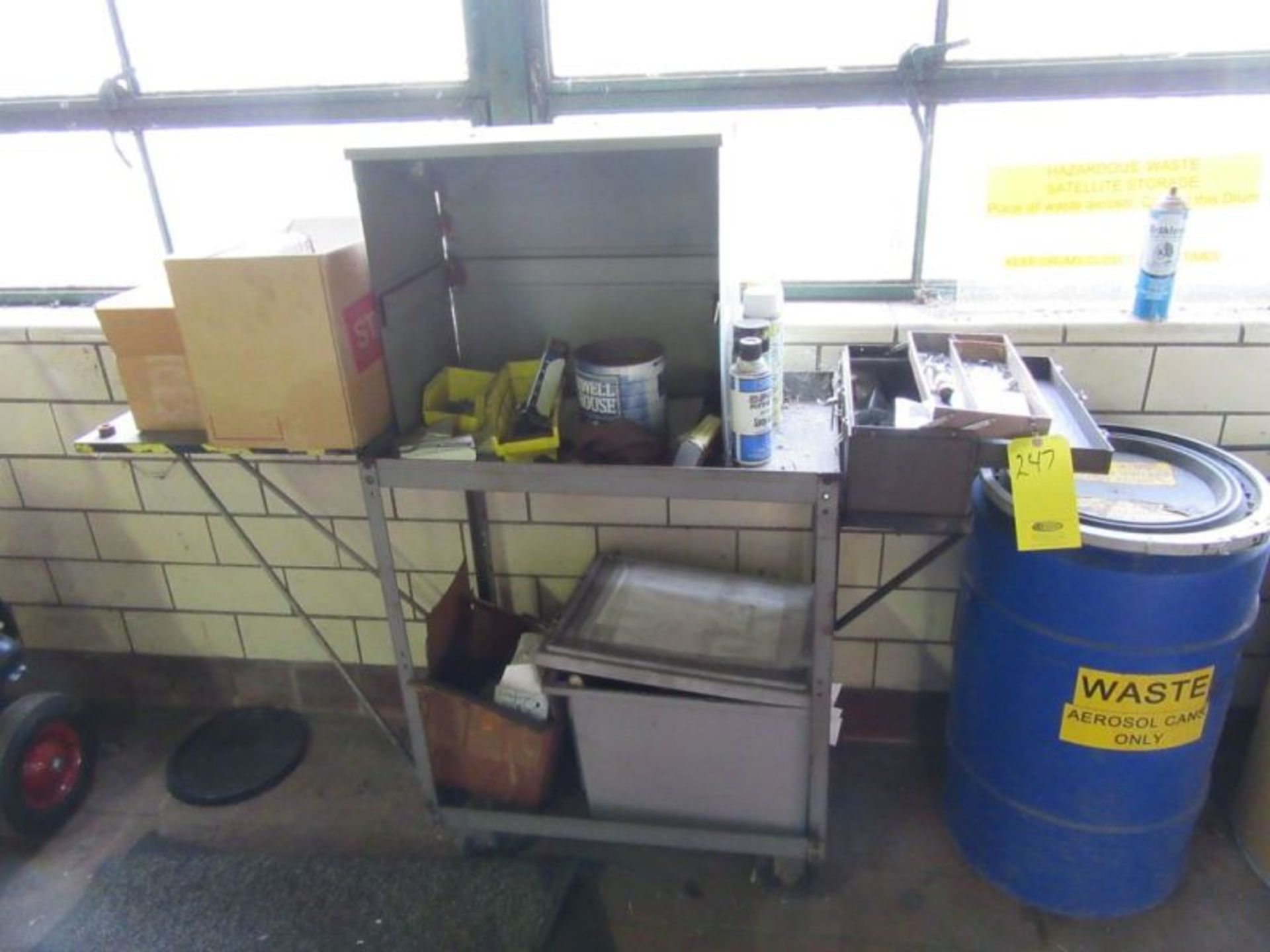 METAL TABLE, SHELF, STRAPPING TOOLS AND CONTENTS