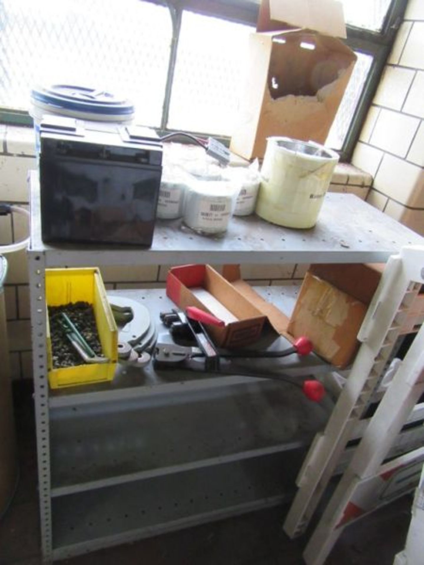 METAL TABLE, SHELF, STRAPPING TOOLS AND CONTENTS - Image 6 of 7