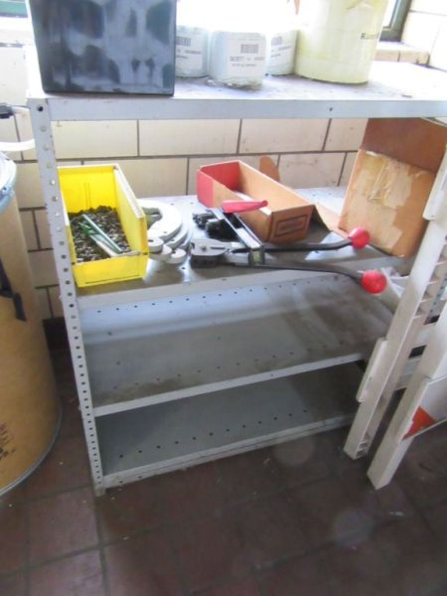 METAL TABLE, SHELF, STRAPPING TOOLS AND CONTENTS - Image 7 of 7