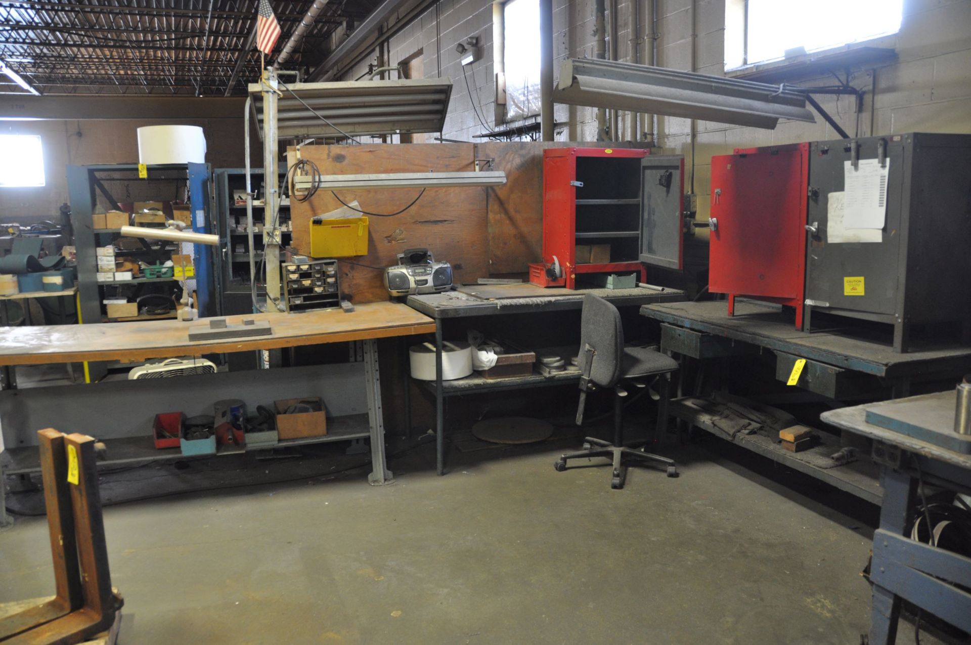 (3) WORK TABLES, (3) SMALL METAL CABINETS WITH ASSORTED CONTENTS.