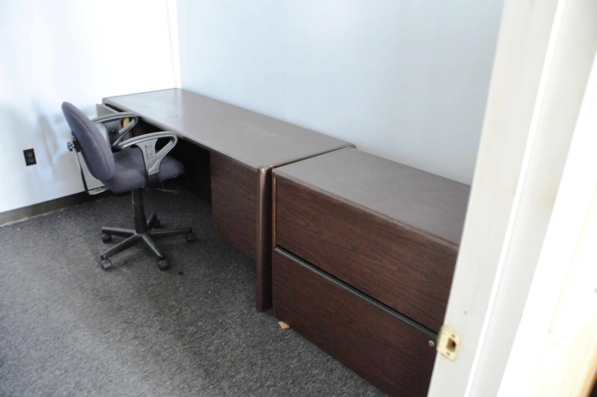 OFFICE CONTENTS: WOOD DESK WITH CREDENZA, 2 DRAWER FILE, WOOD TABLE AND CHAIR. - Image 2 of 2