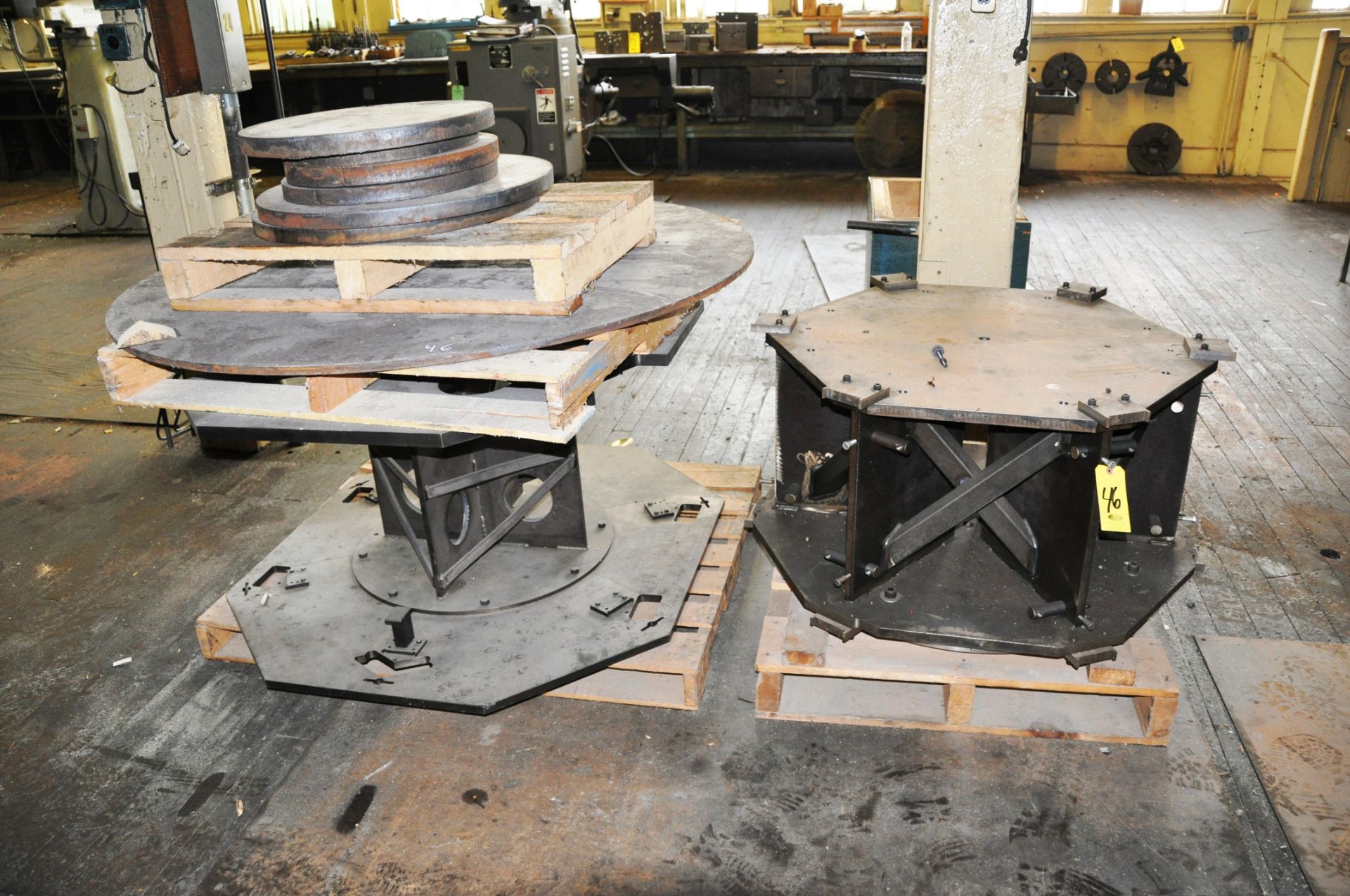 ASSORTED STEEL, (2) WELDMENTS AND (2) SKIDS WITH ROUND PIECES OF PLATE