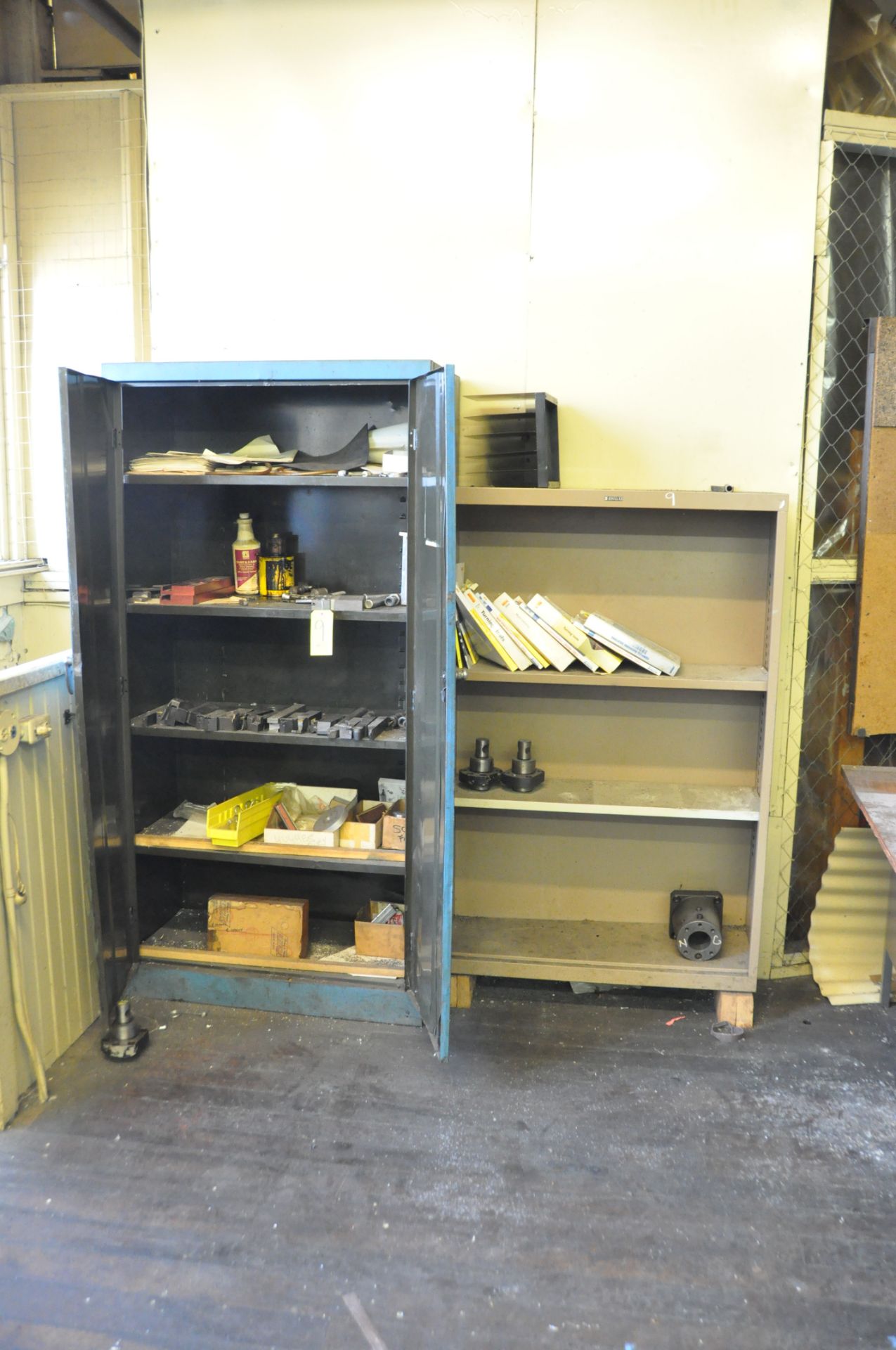 BLUE METAL 2 DOOR CABINET WITH ASSORTED CONTENTS AND BEIGE METAL BOOK SHELF WITH CONTENTS