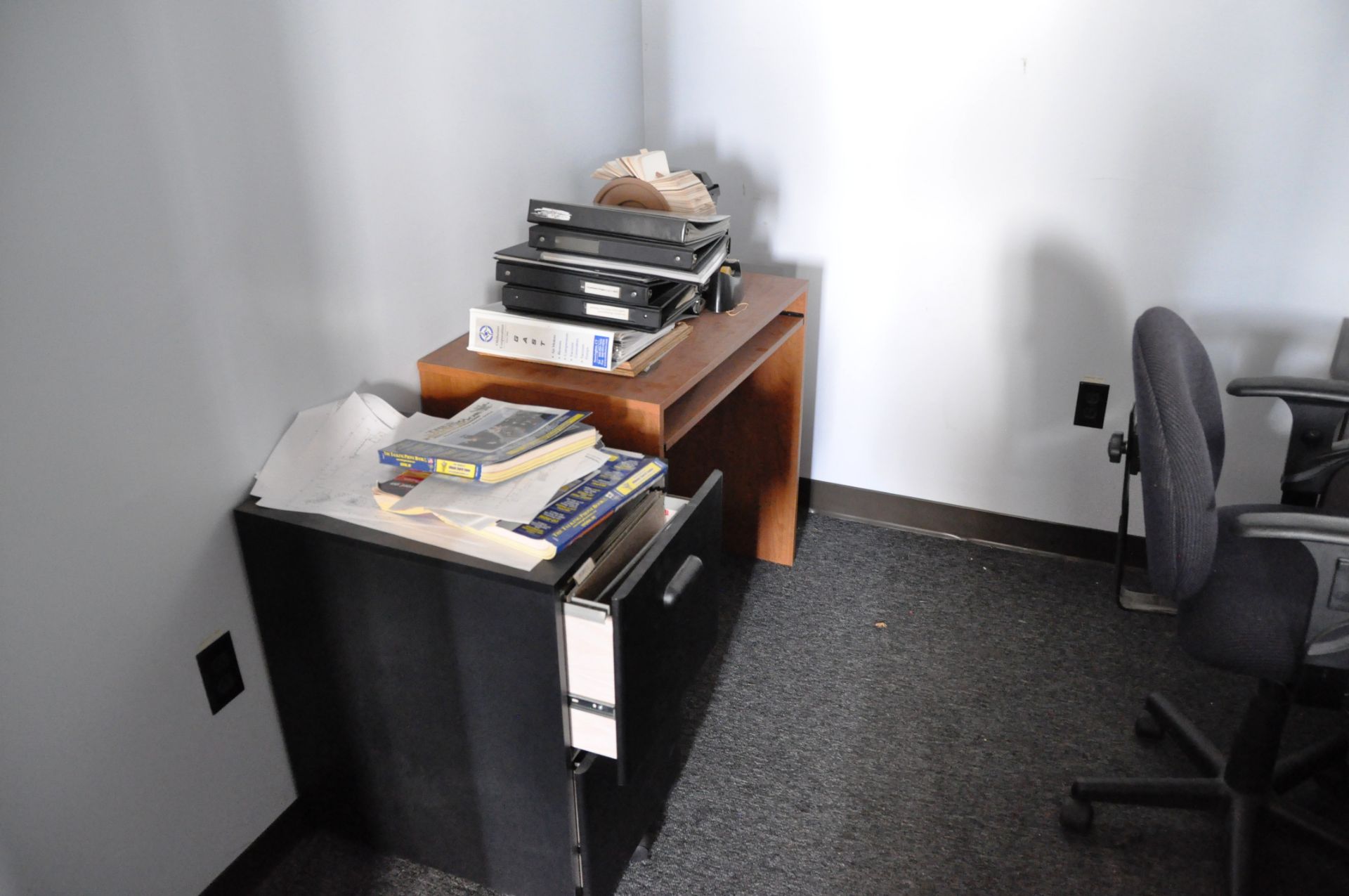 OFFICE CONTENTS: WOOD DESK WITH CREDENZA, 2 DRAWER FILE, WOOD TABLE AND CHAIR.