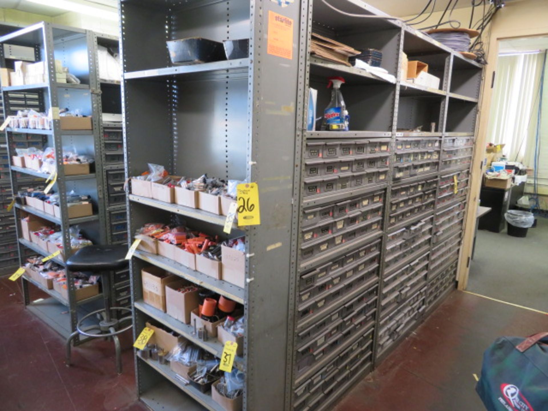 (7) SECTIONS OF STEEL SHELVING W/BINS (NO CONTENTS)