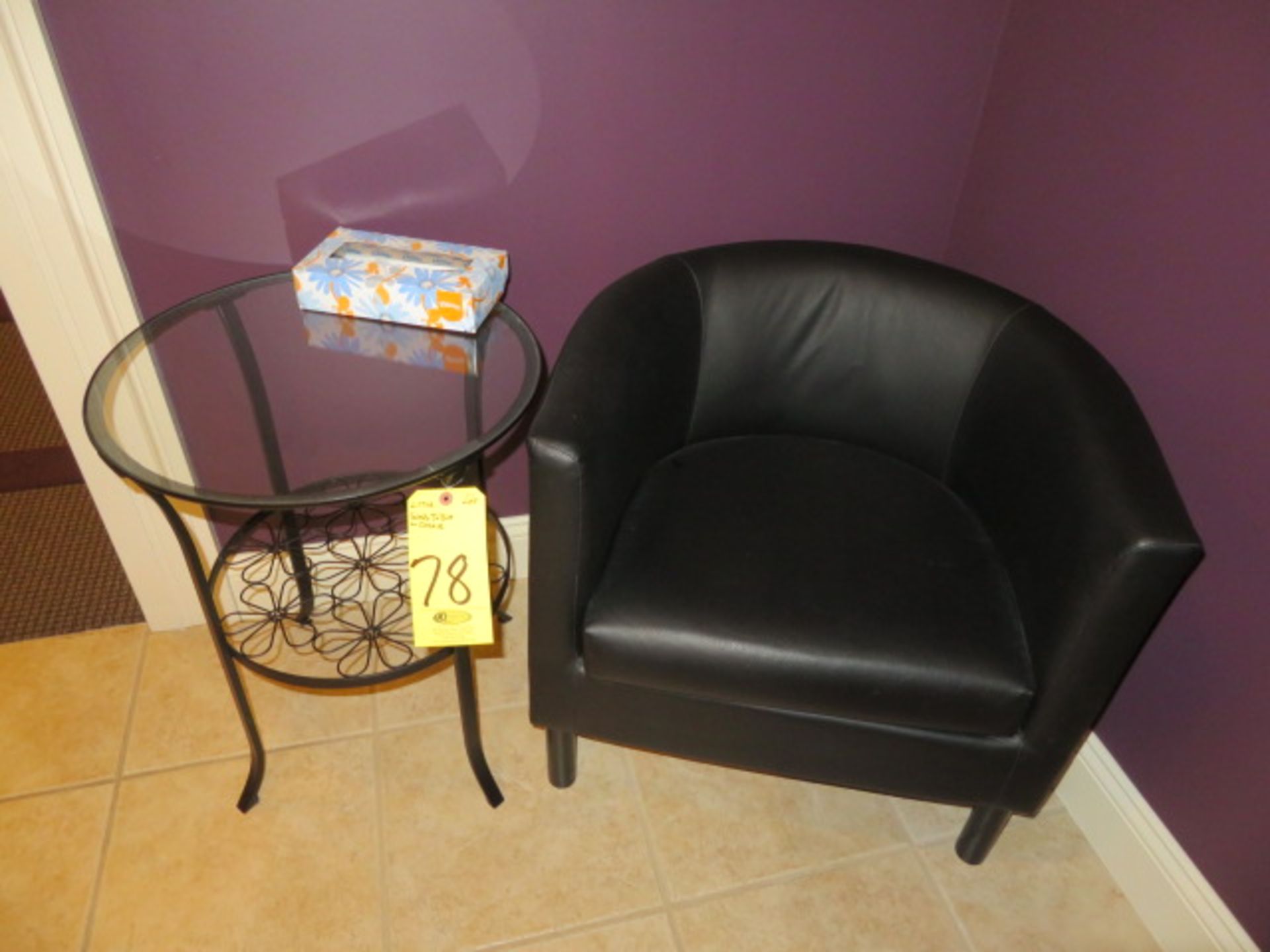 BLACK CHAIR AND GLASS SIDE TABLE