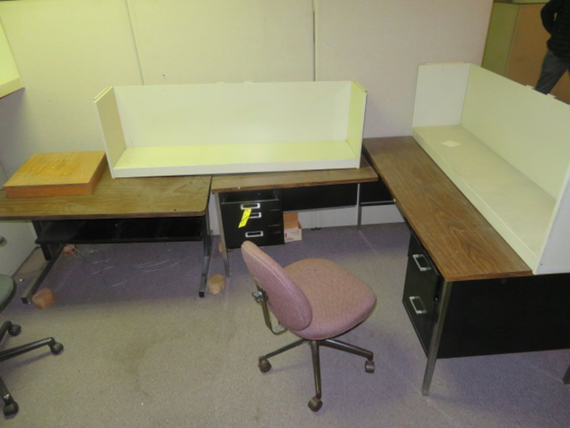 (2) BLACK METAL DESK W/TABLE AND (2) CHAIRS
