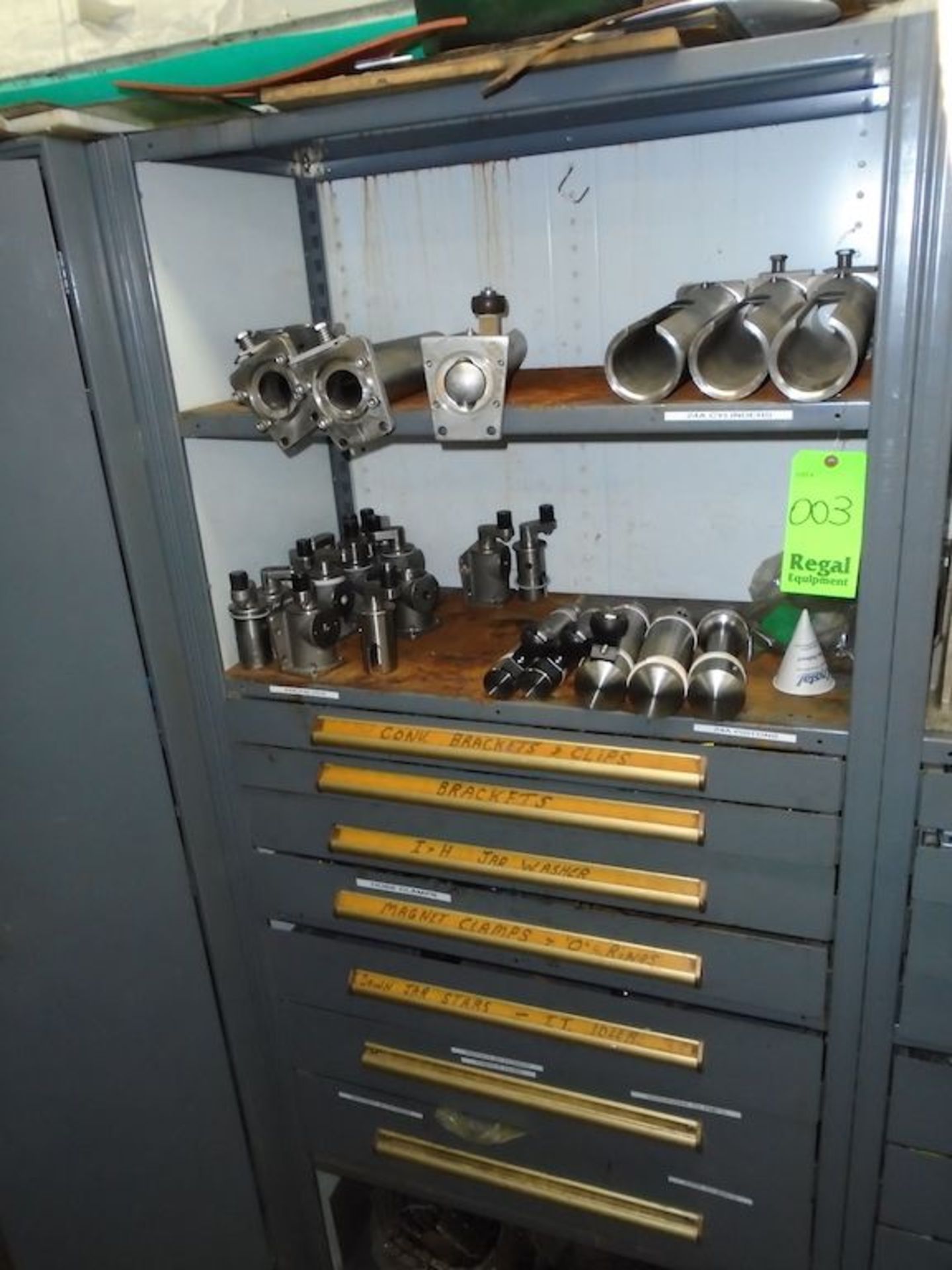 Shelves with drawers and contents of drawers ( clips, brackets, washers, brass fitting, idlers)