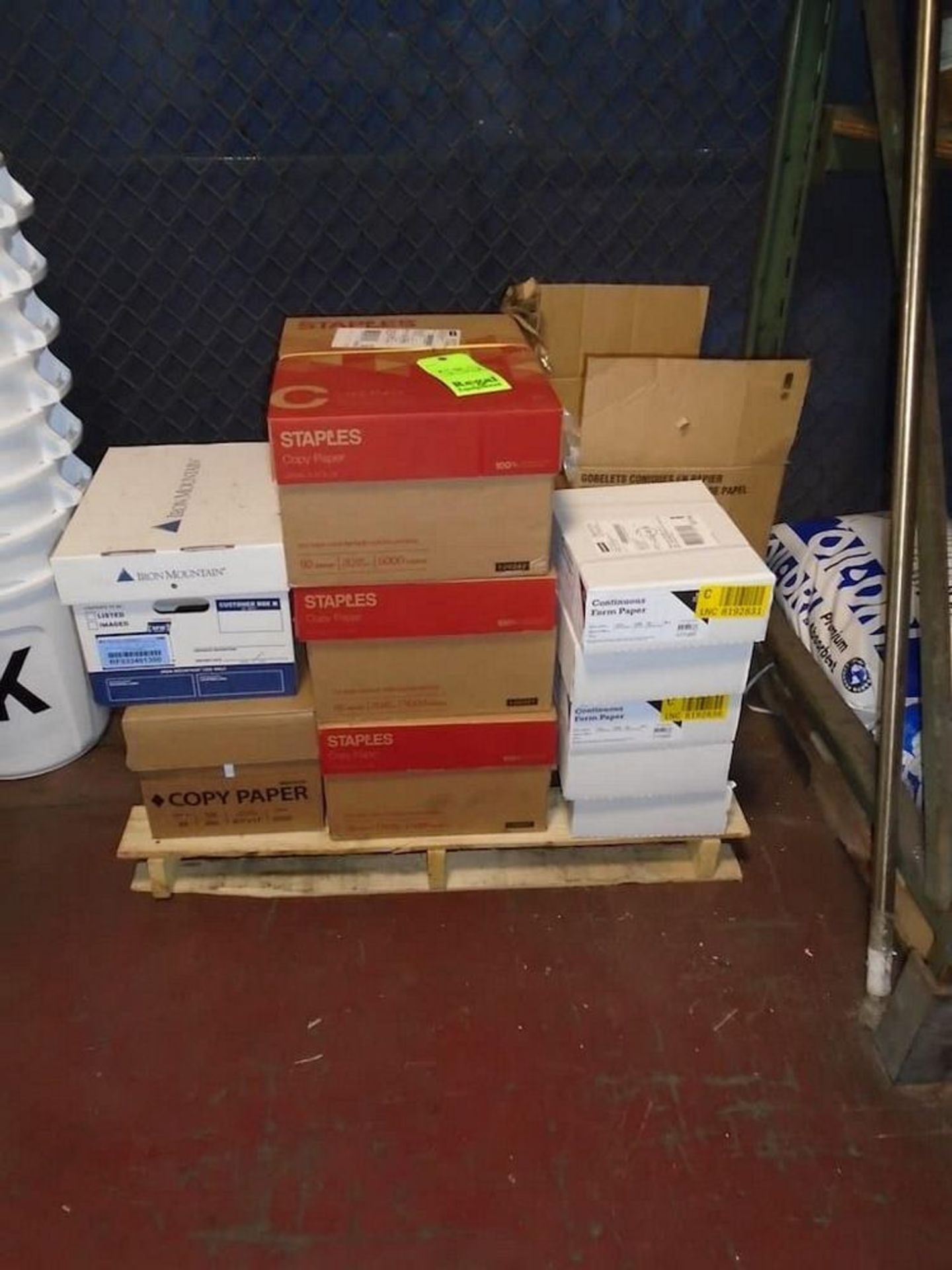 Pallet of Printer Paper, Form Paper, and Paper Cups