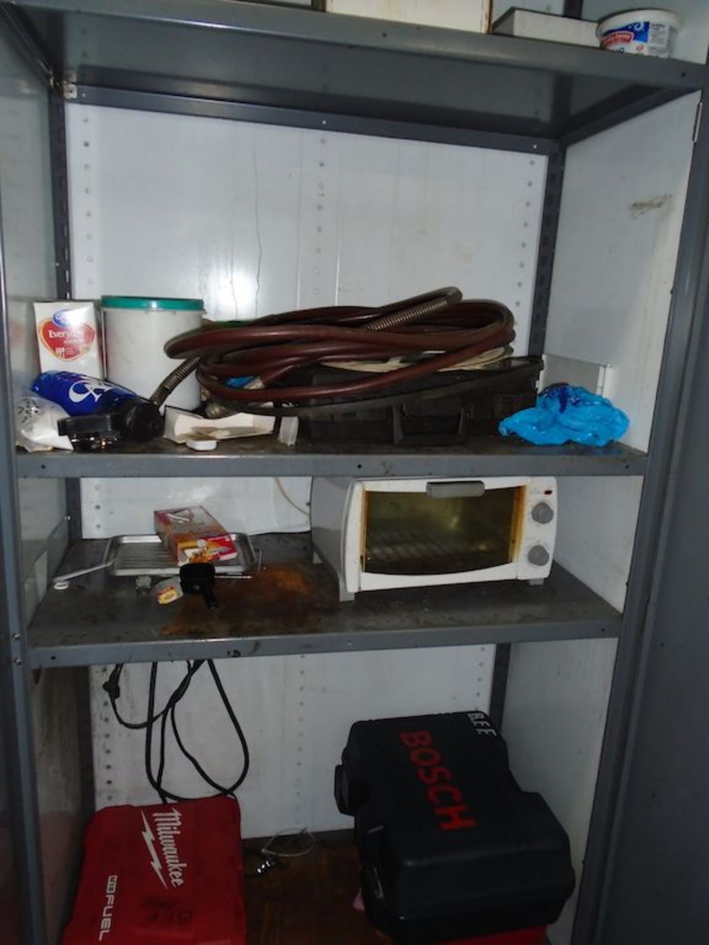 Cabinet with contents ( assorted empty tools boxes and microwave)