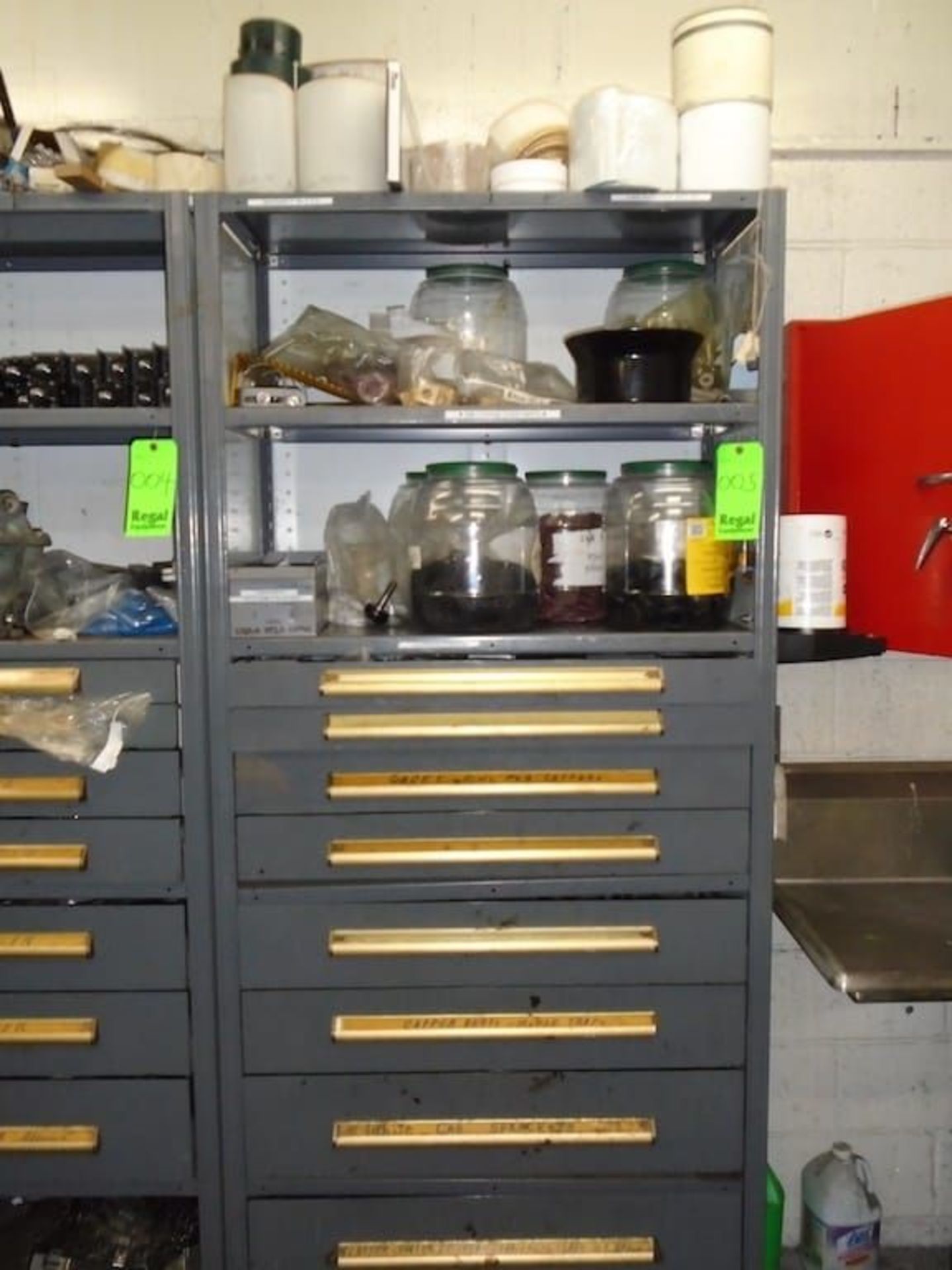 Shelves w/ drawers and contents ( O-rings, Cappers pins, Sprockets, Chain fittings, Capper belts, - Image 2 of 11