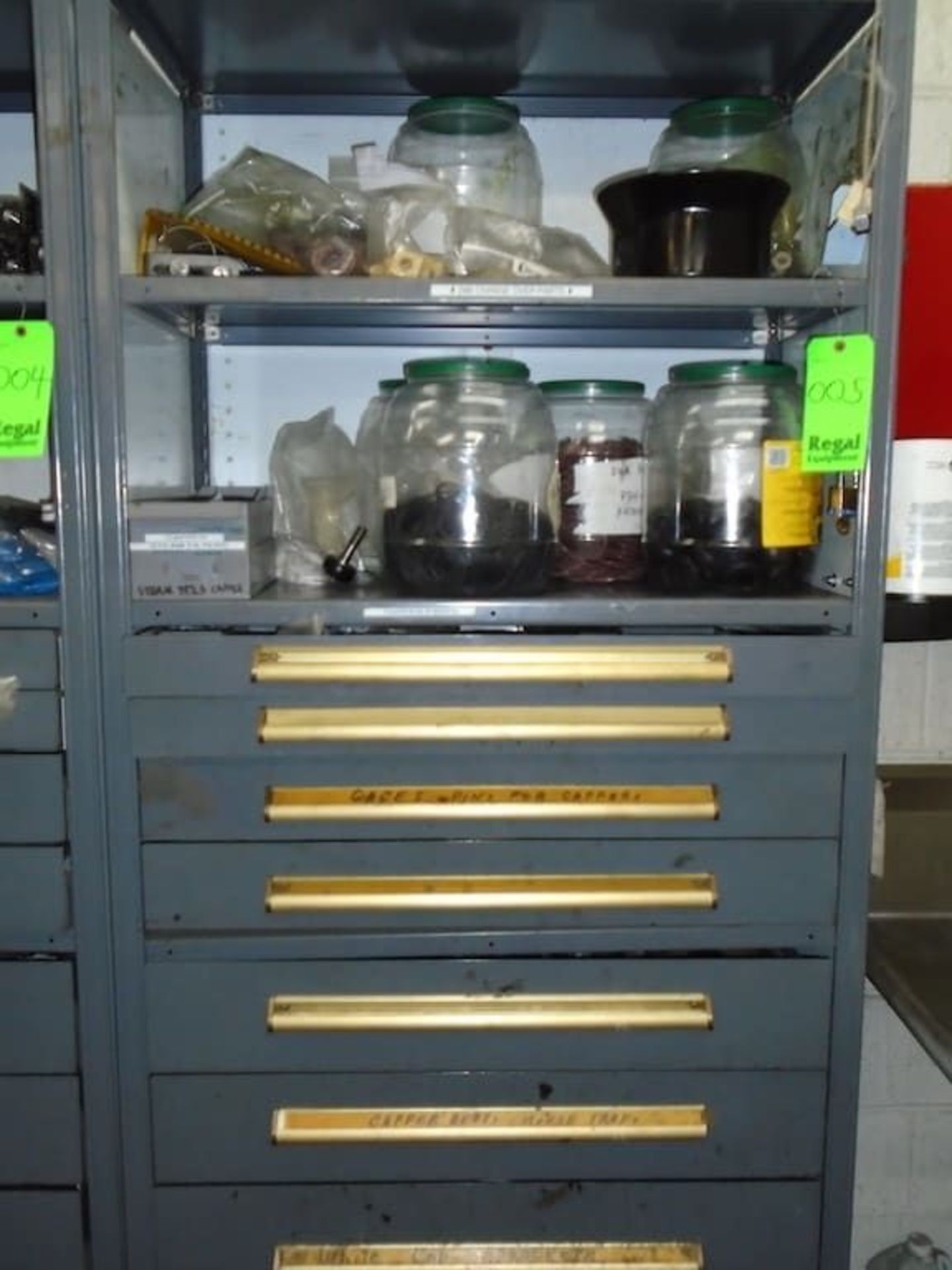 Shelves w/ drawers and contents ( O-rings, Cappers pins, Sprockets, Chain fittings, Capper belts,