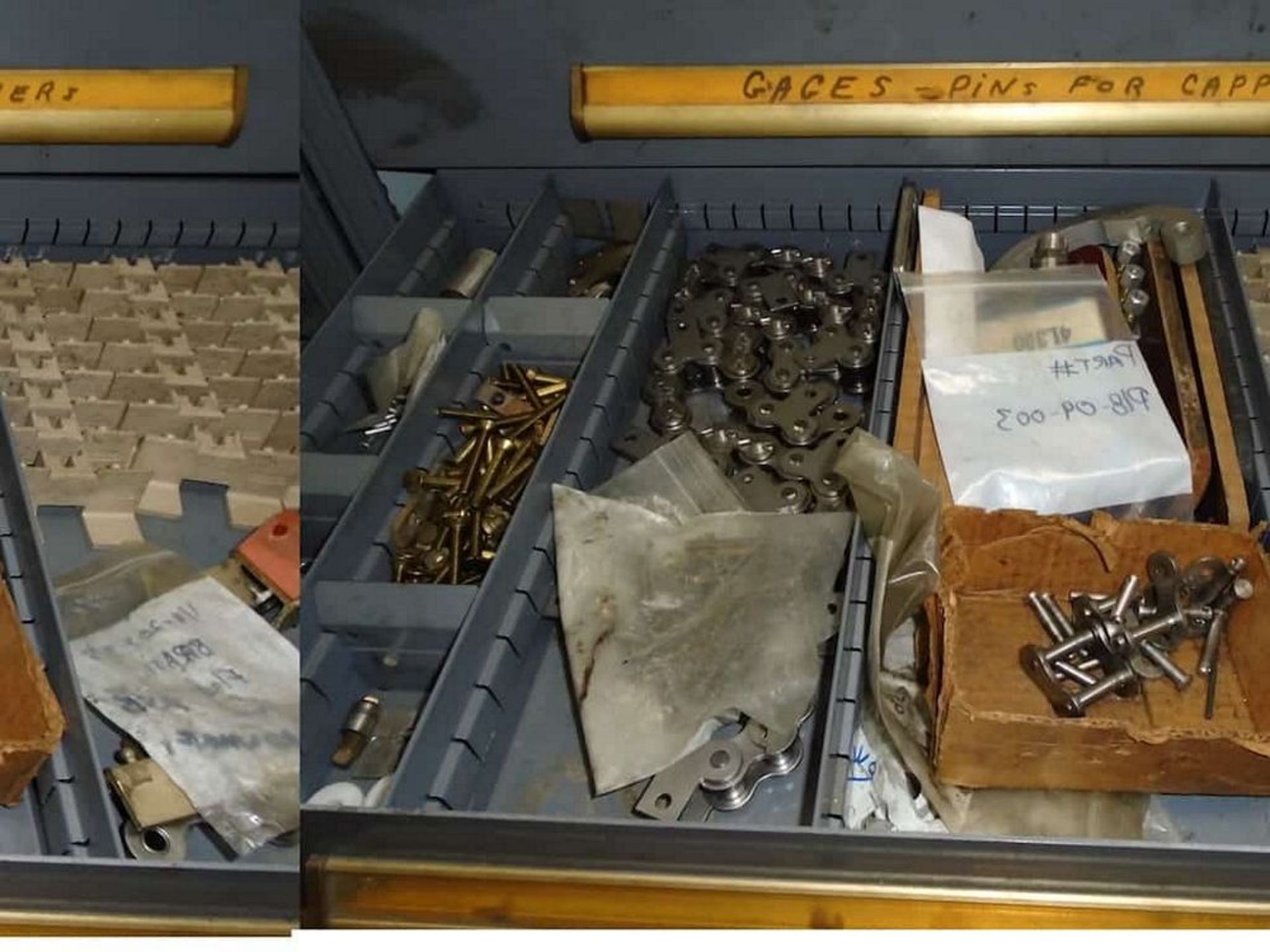 Shelves w/ drawers and contents ( O-rings, Cappers pins, Sprockets, Chain fittings, Capper belts, - Image 6 of 11